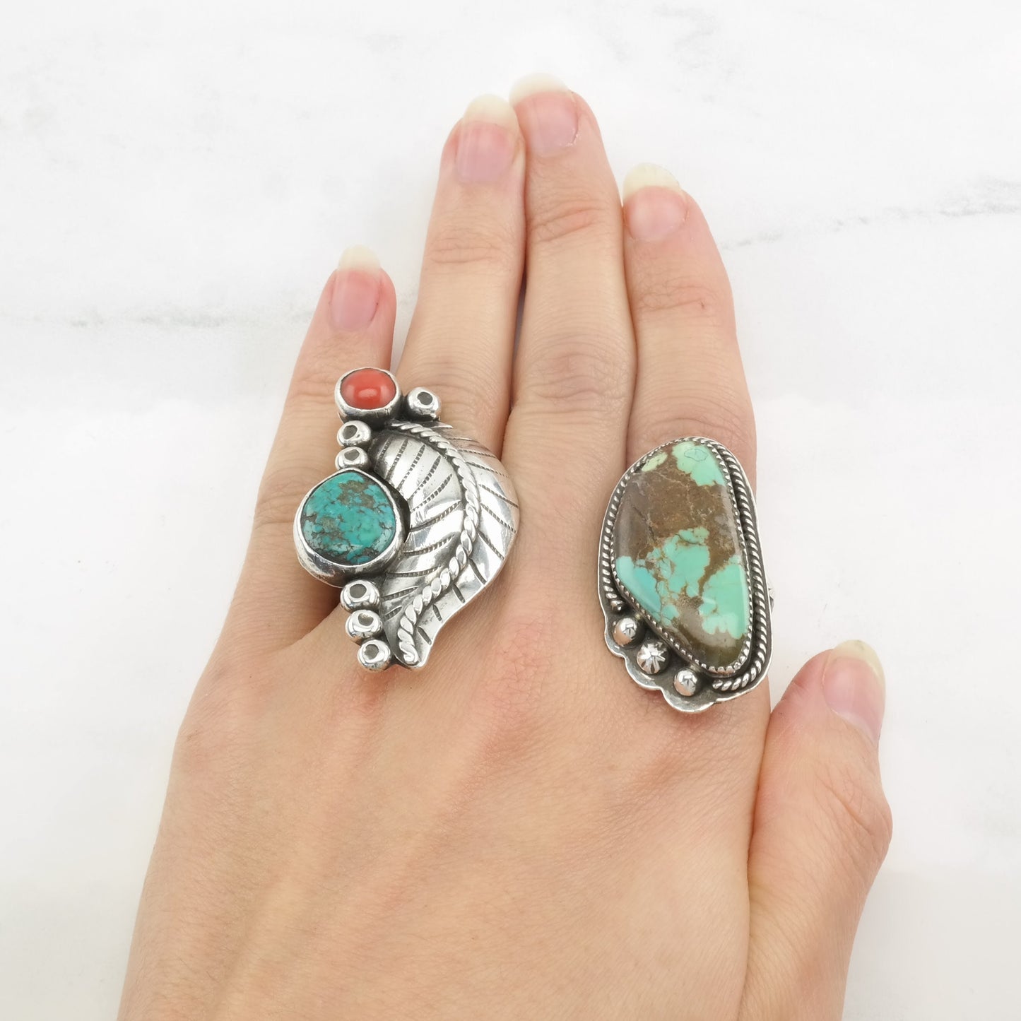 Vintage Native American Ring Turquoise, Coral Feather Sterling Silver Size 7 3/4