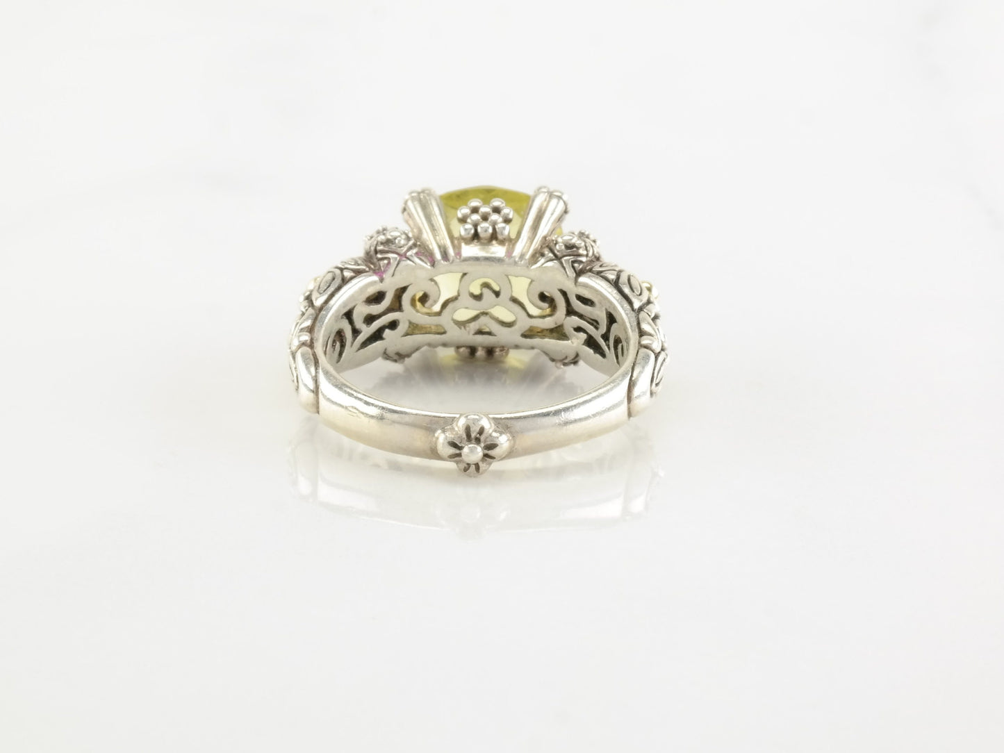 Vintage Bixby Lemon Quartz Cushion Cut Sterling Silver Ring Floral Size 9