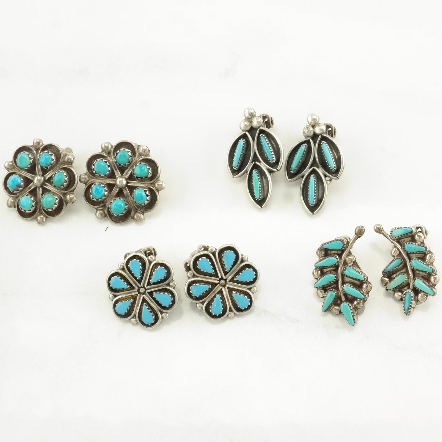 Vintage Sterling Silver Clip on Earrings Native American Blue Turquoise Needle Point, Floral