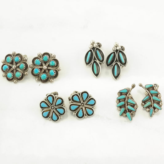 Vintage Sterling Silver Clip on Earrings Native American Blue Turquoise Needle Point, Floral