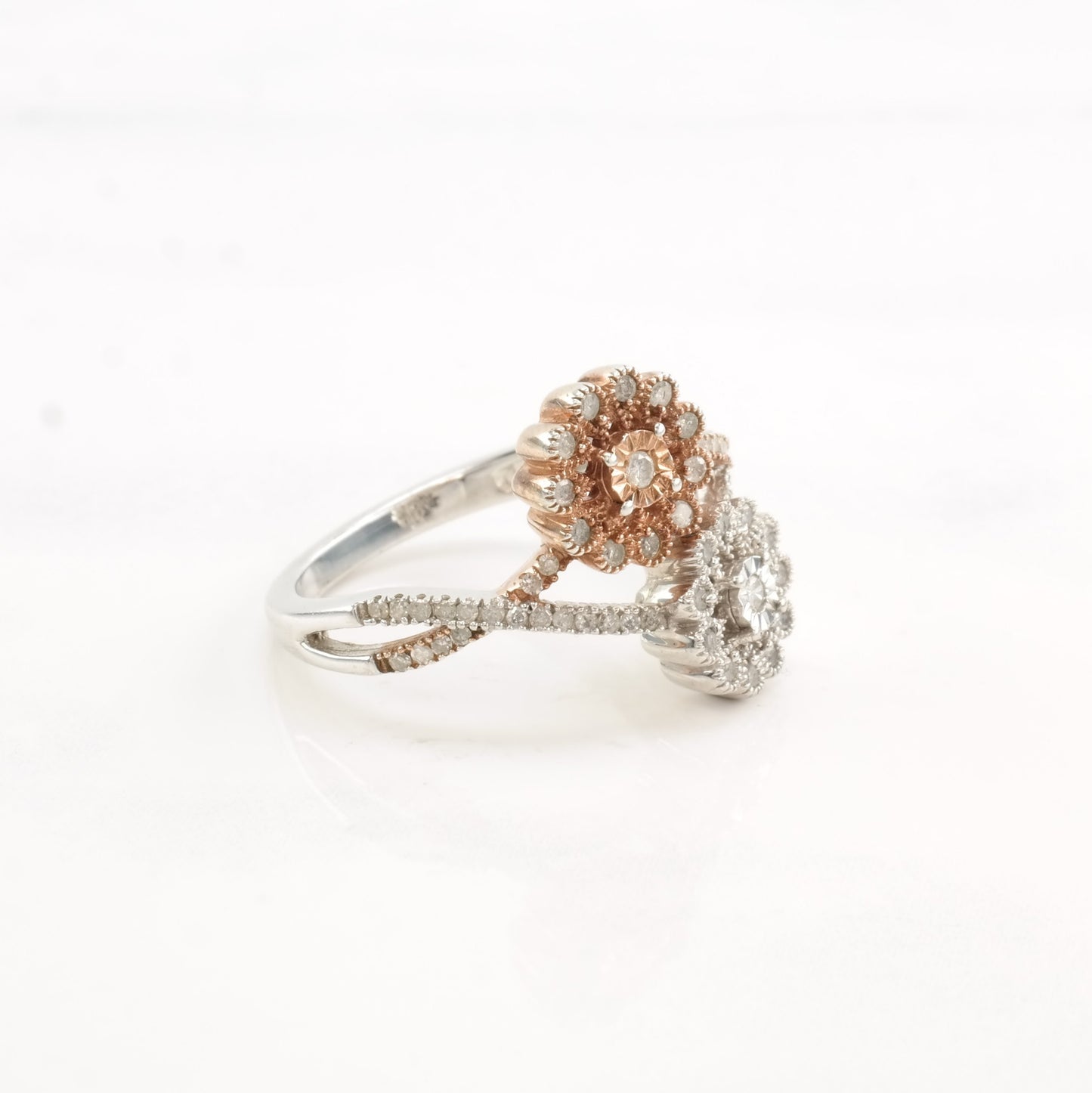 Vintage Sterling Silver Ring Diamond Flowers Rose Gold Plate Size 9