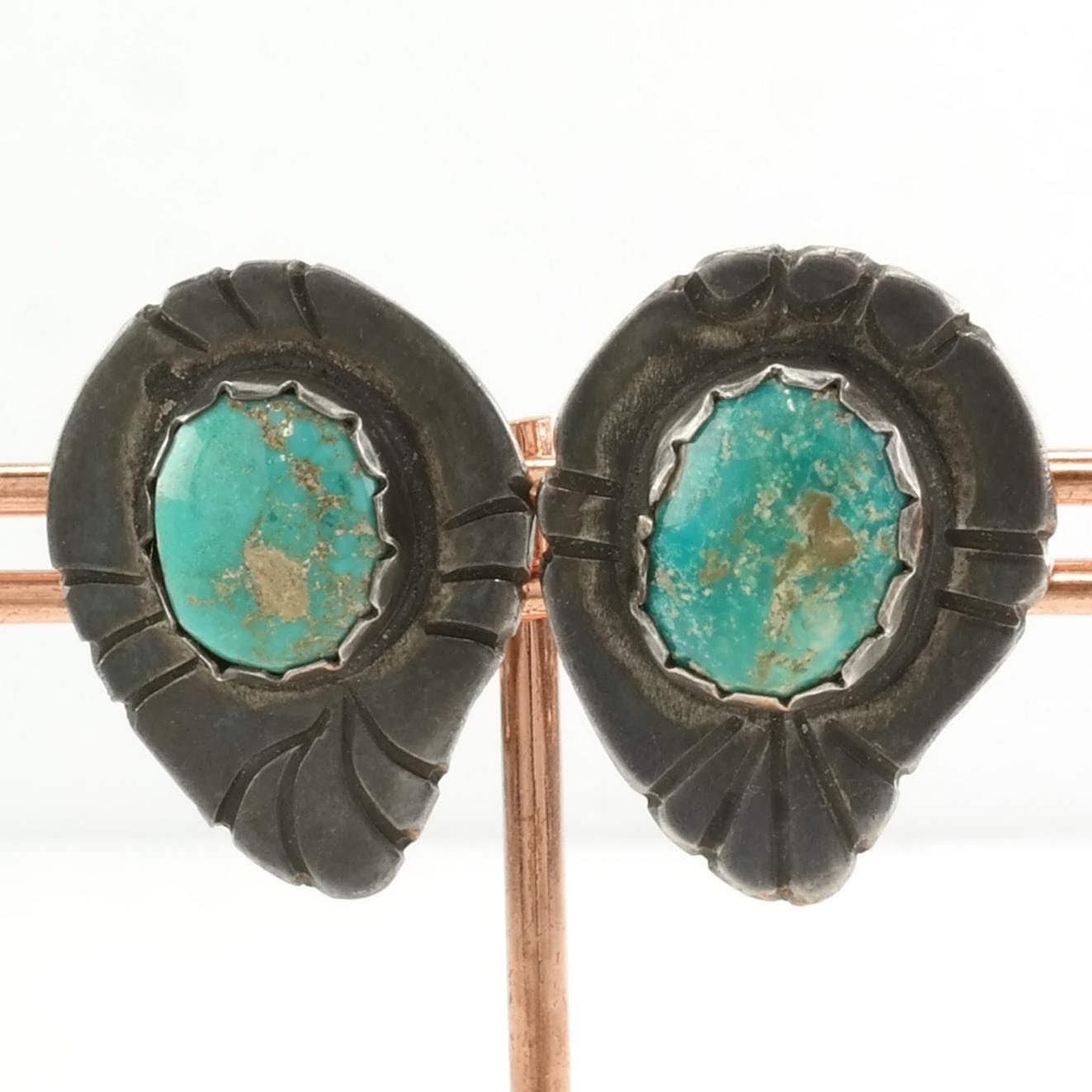 Vintage Native American Sterling Silver Blue Turquoise Stamped Earrings Clip on
