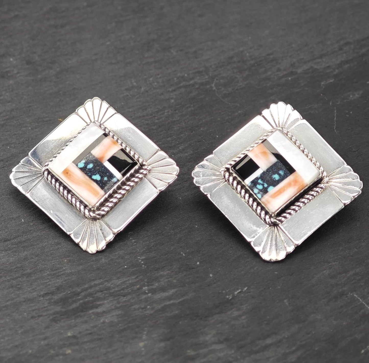 Vintage Inlay Sterling Silver Stud Earrings