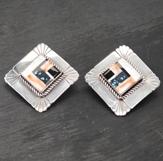 Vintage Inlay Sterling Silver Stud Earrings