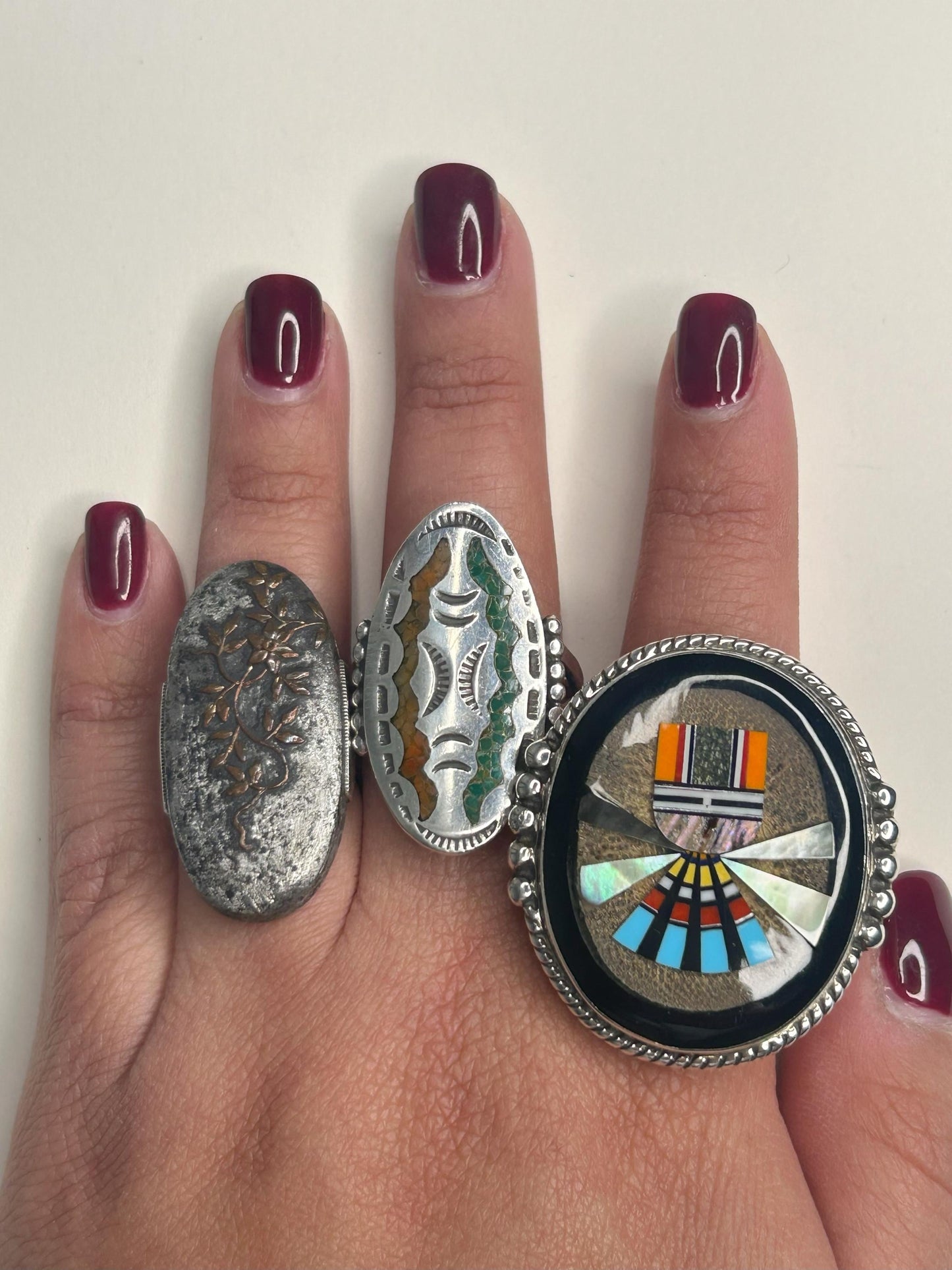Native Navajo Silver Ring Turquoise, Coral Inlay Sterling Sz10 3/4 R5511