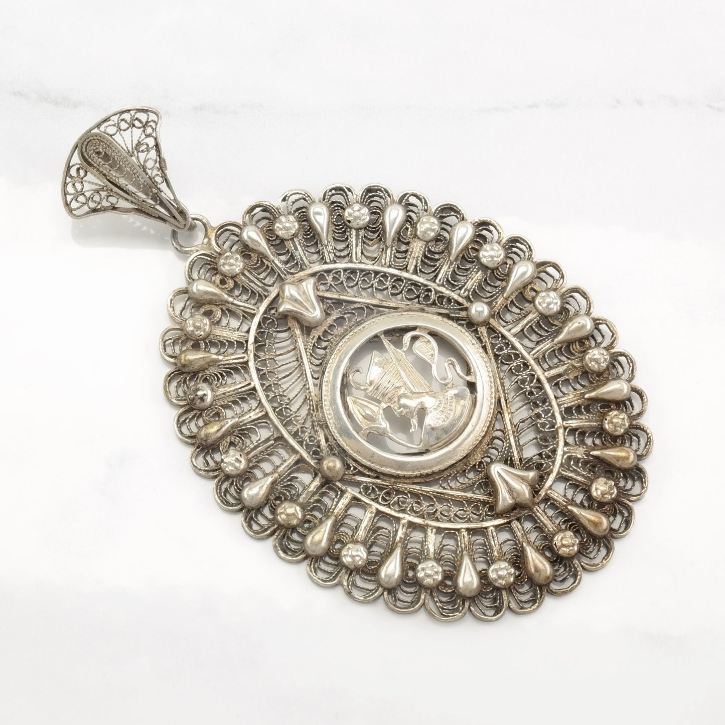 Vintage Archeological Revival Filigree Egyptian Sterling Silver Pendant