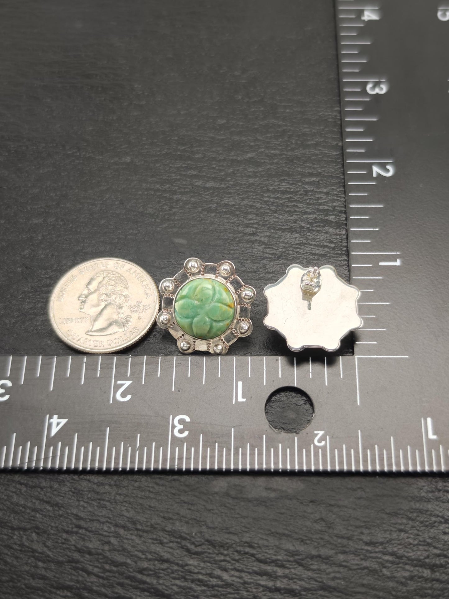 Green Gemstone Carved Floral Stud Earrings Sterling Silver