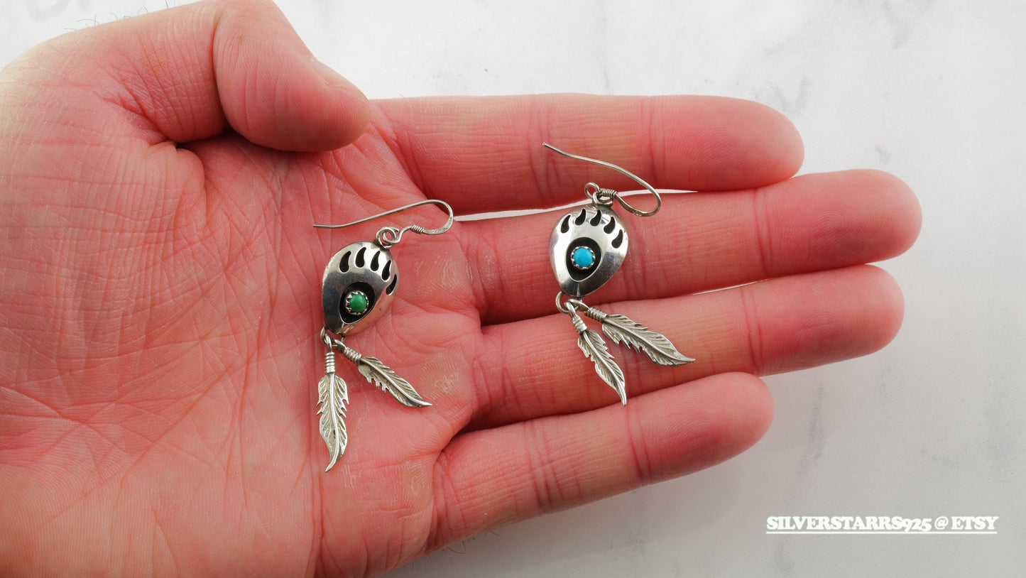 Sterling Silver Blue, Green Turquoise Bear paw Earrings
