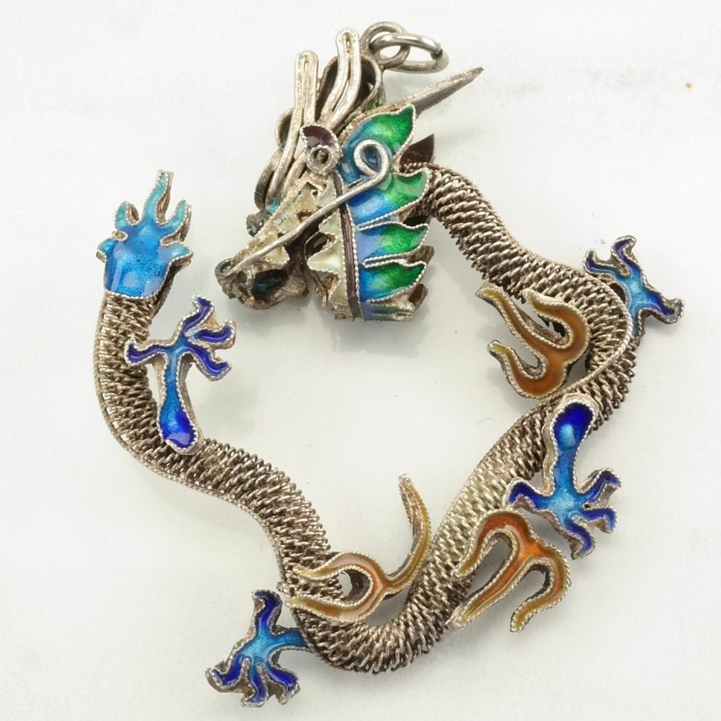 Vintage Chinese Export Enamel Dragon Sterling Silver Pendant
