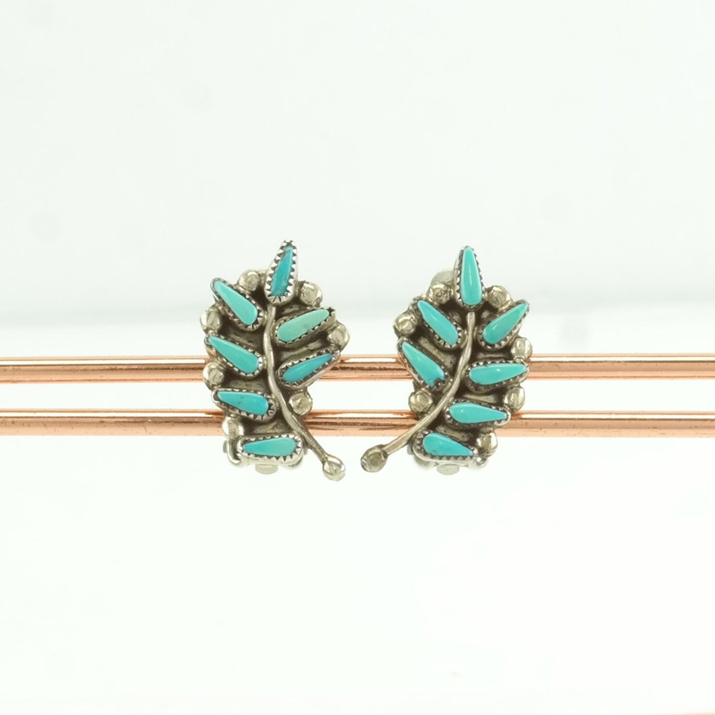 Vintage Sterling Silver Clip on Earrings Native American Blue Turquoise Needle Point, Floral ER2640
