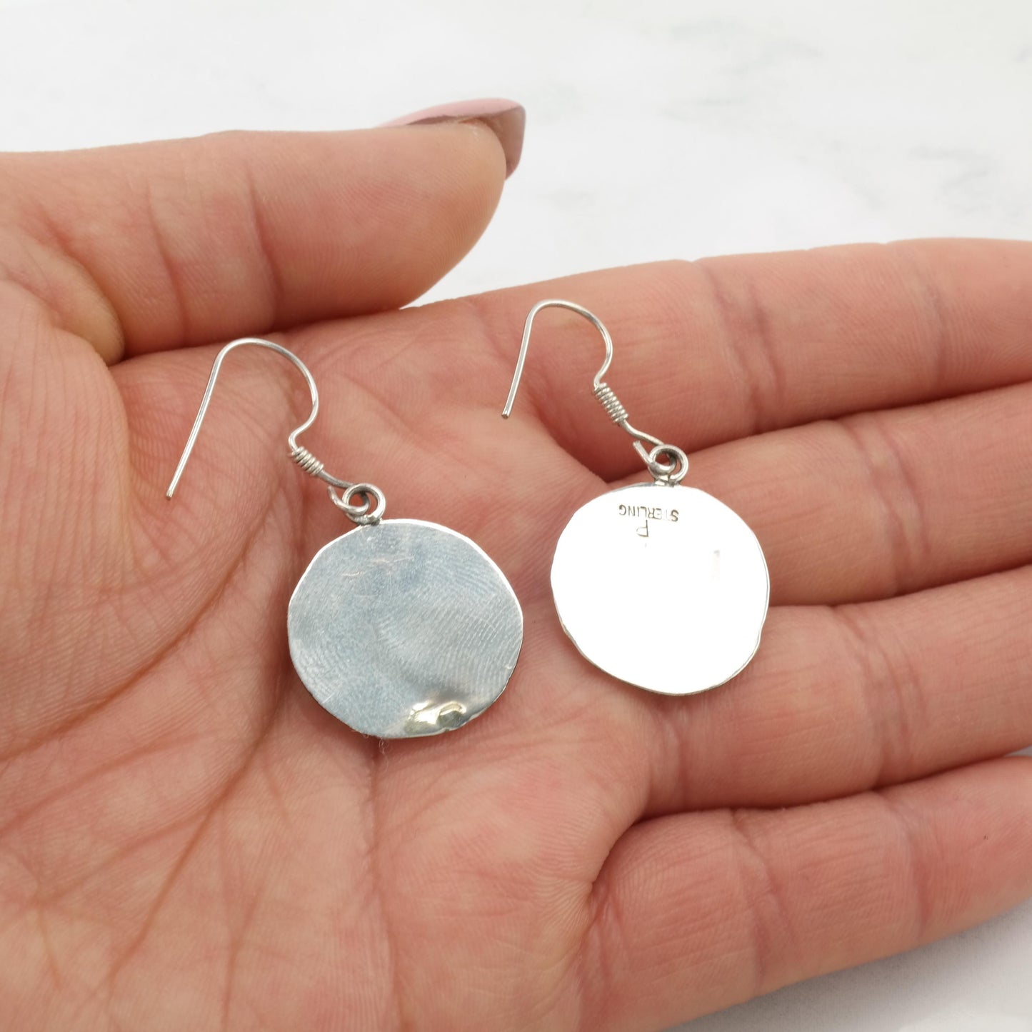 Vintage Native American Turquoise Stamped Sterling Silver Fish Hook Earrings