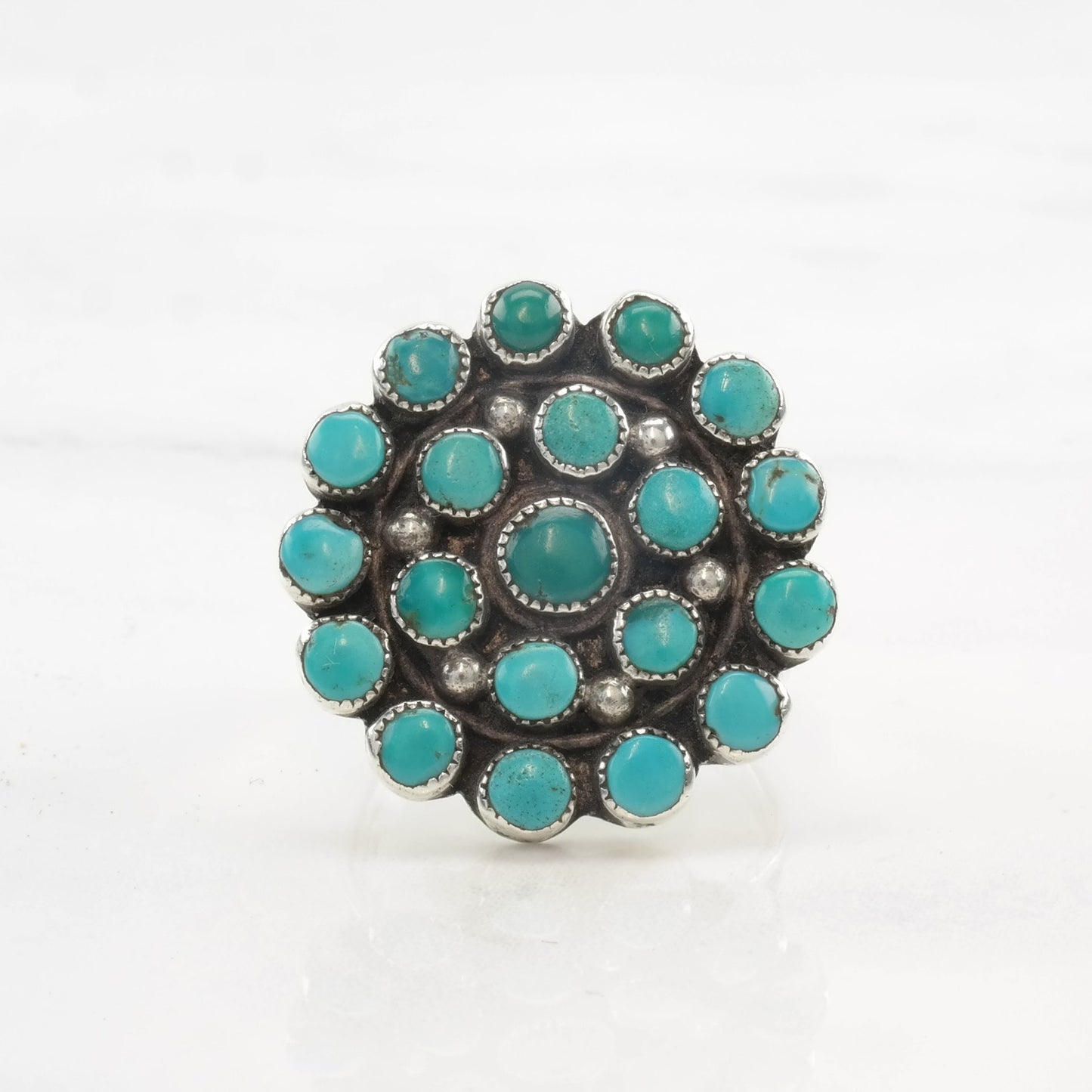 Vintage Native American Turquoise Cluster Ring, Sterling Silver, Size 8 1/2, Circa 1970s