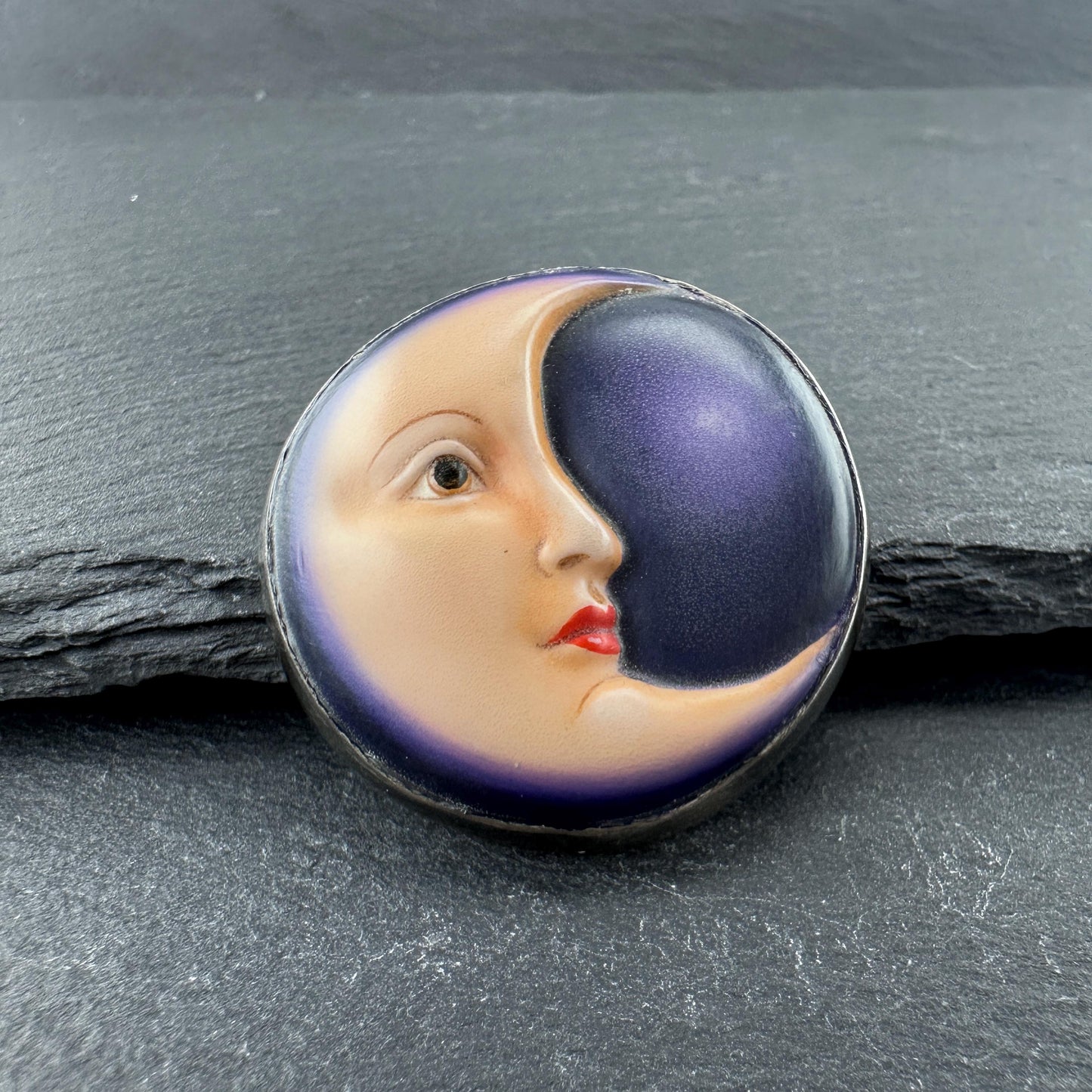 Sergio Bustamante Enamel, Moonface Brooch/Pendant Sterling Silver