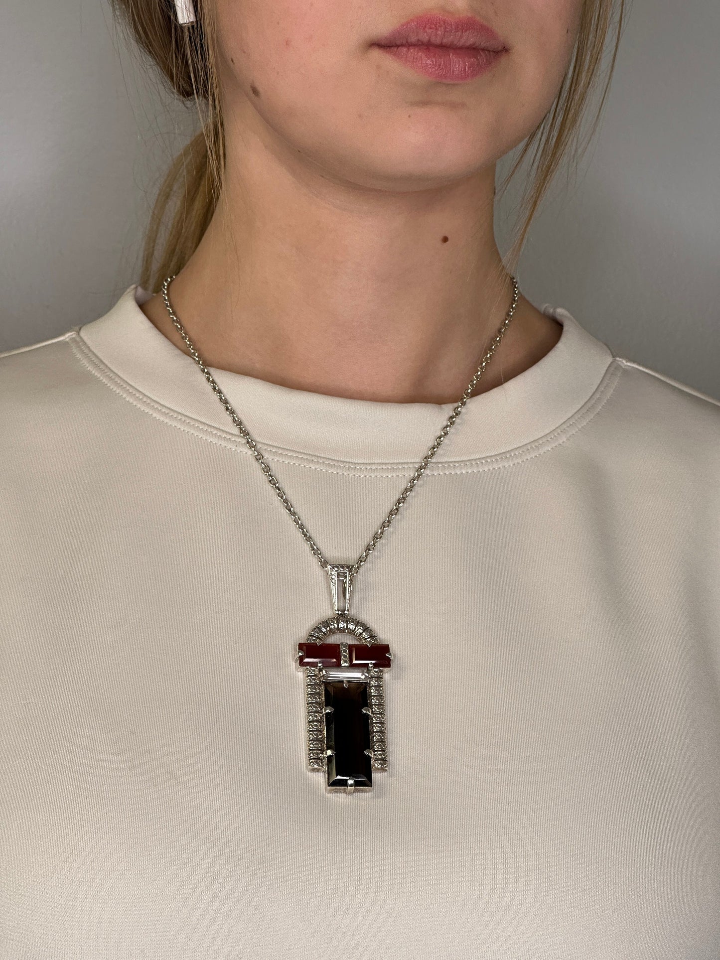 Vintage Nicky Buttler Art Deco Style Sterling Silver Smoky Quartz Carnelian Deco Arch Necklace