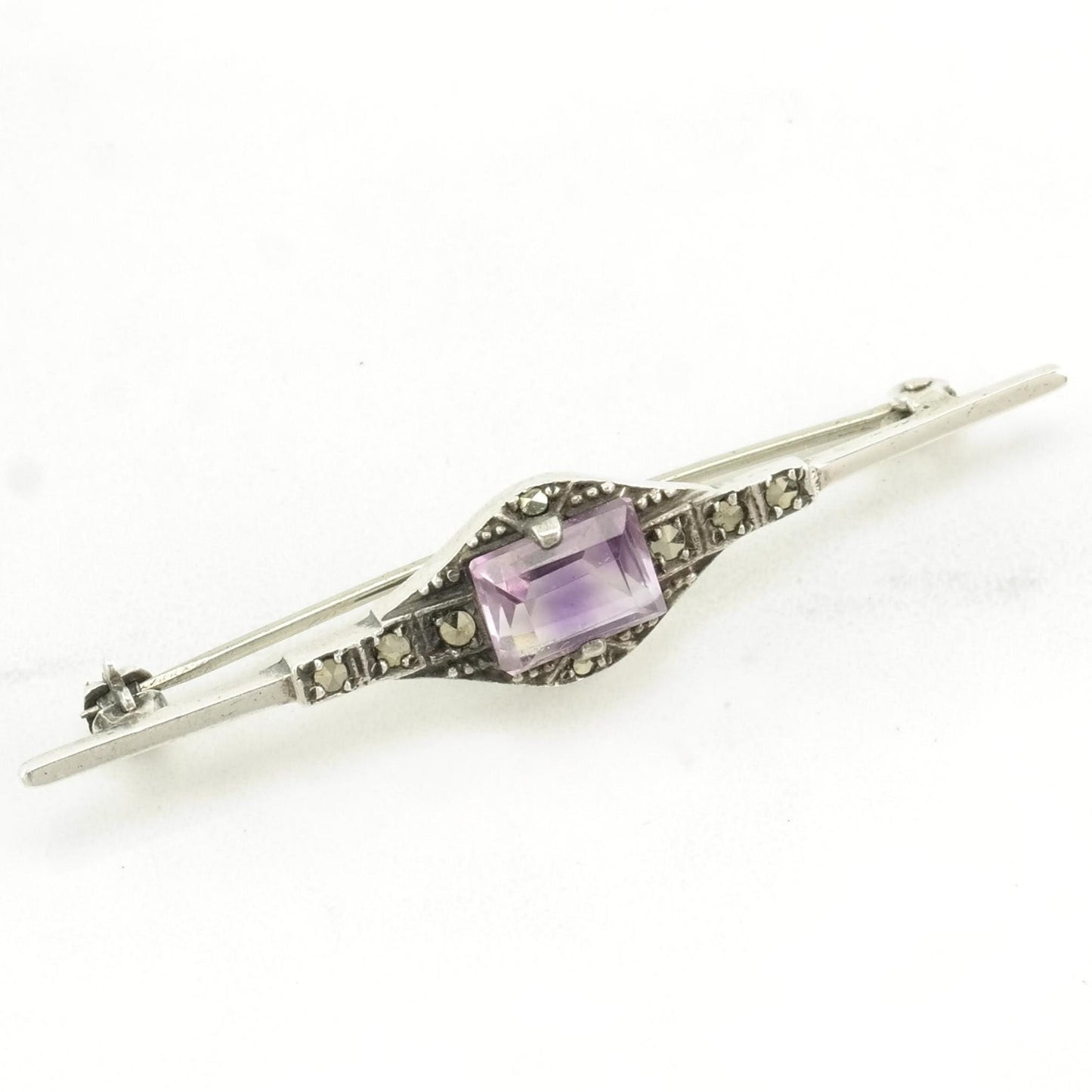 Vintage Art Deco Style Sterling Silver Brooch Purple Amethyst