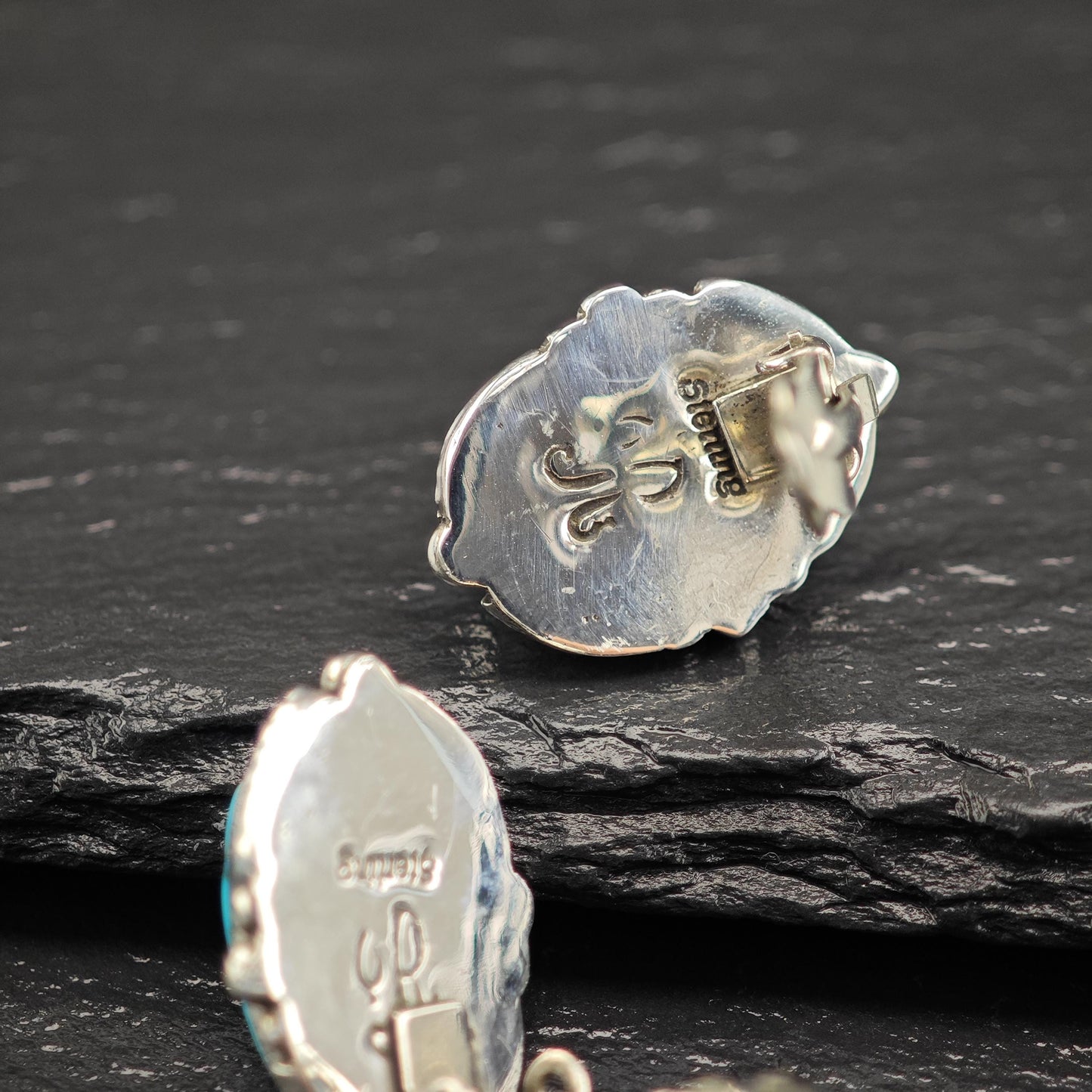 Native American Blue Turquoise Clip-On Earrings Sterling Silver Oval Design