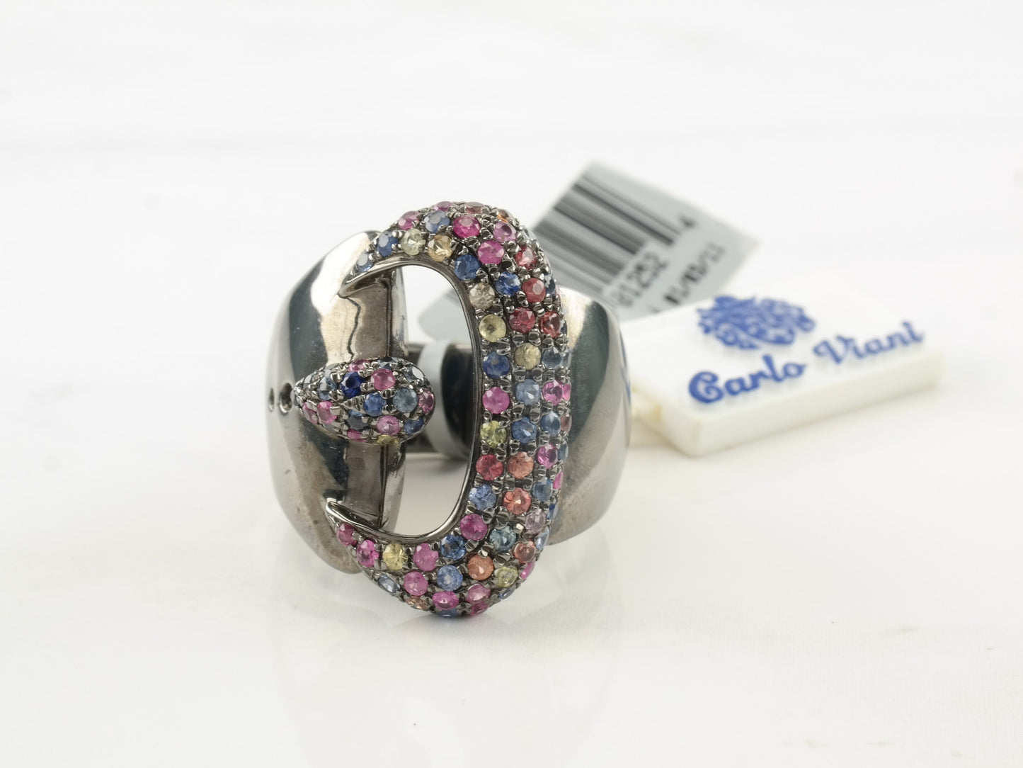Vintage Carlo Viani Ring Multi Gem Belt Buckle Sterling Silver Size 7