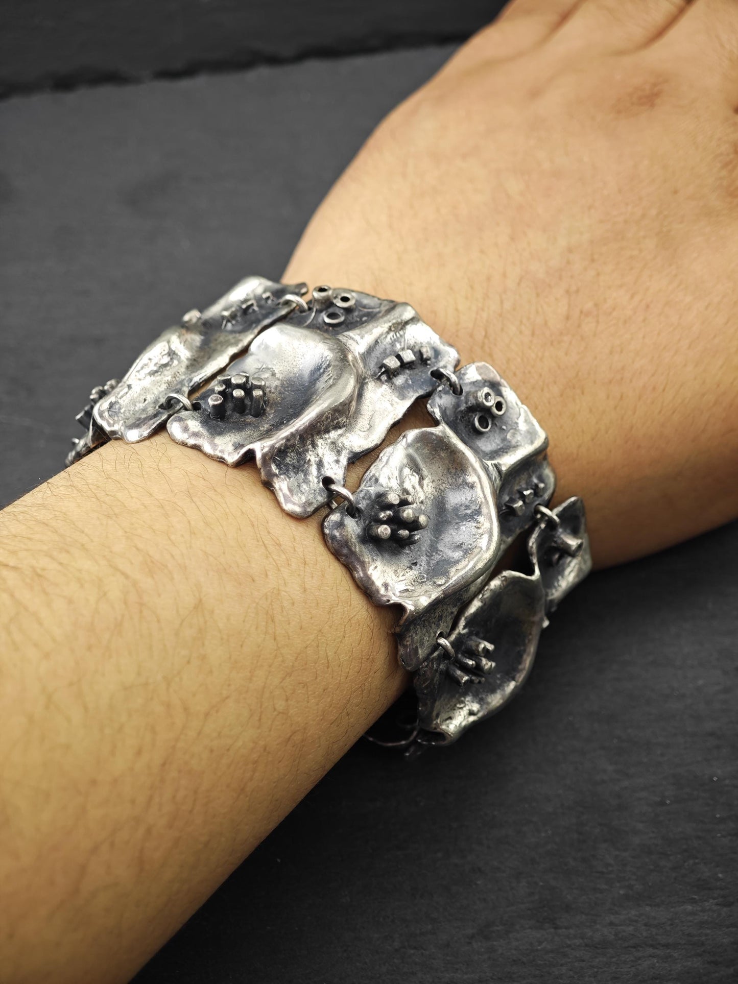 Signed, Brutalist non precious metal, Wide Panel Link Bracelet