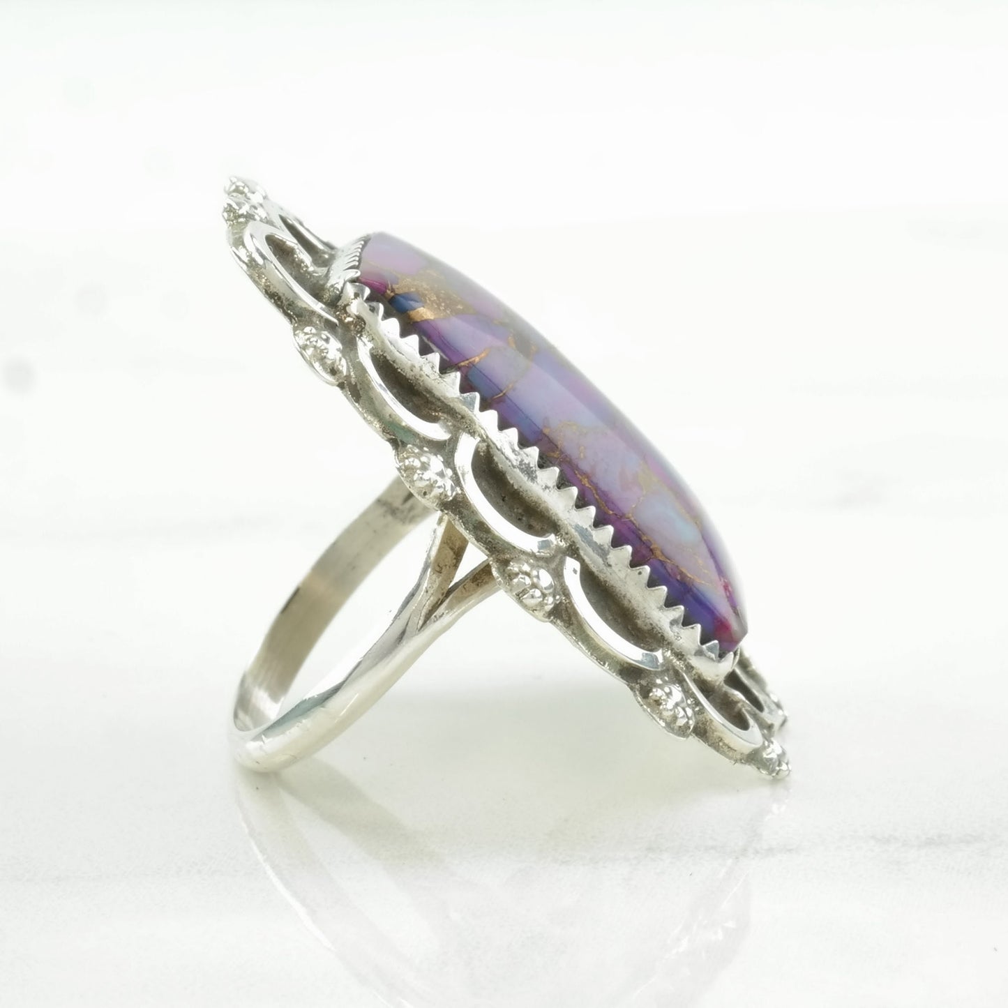 Vintage Southwest Silver Ring Purple Copper Dyed Turquoise Scallop Sterling Size 8