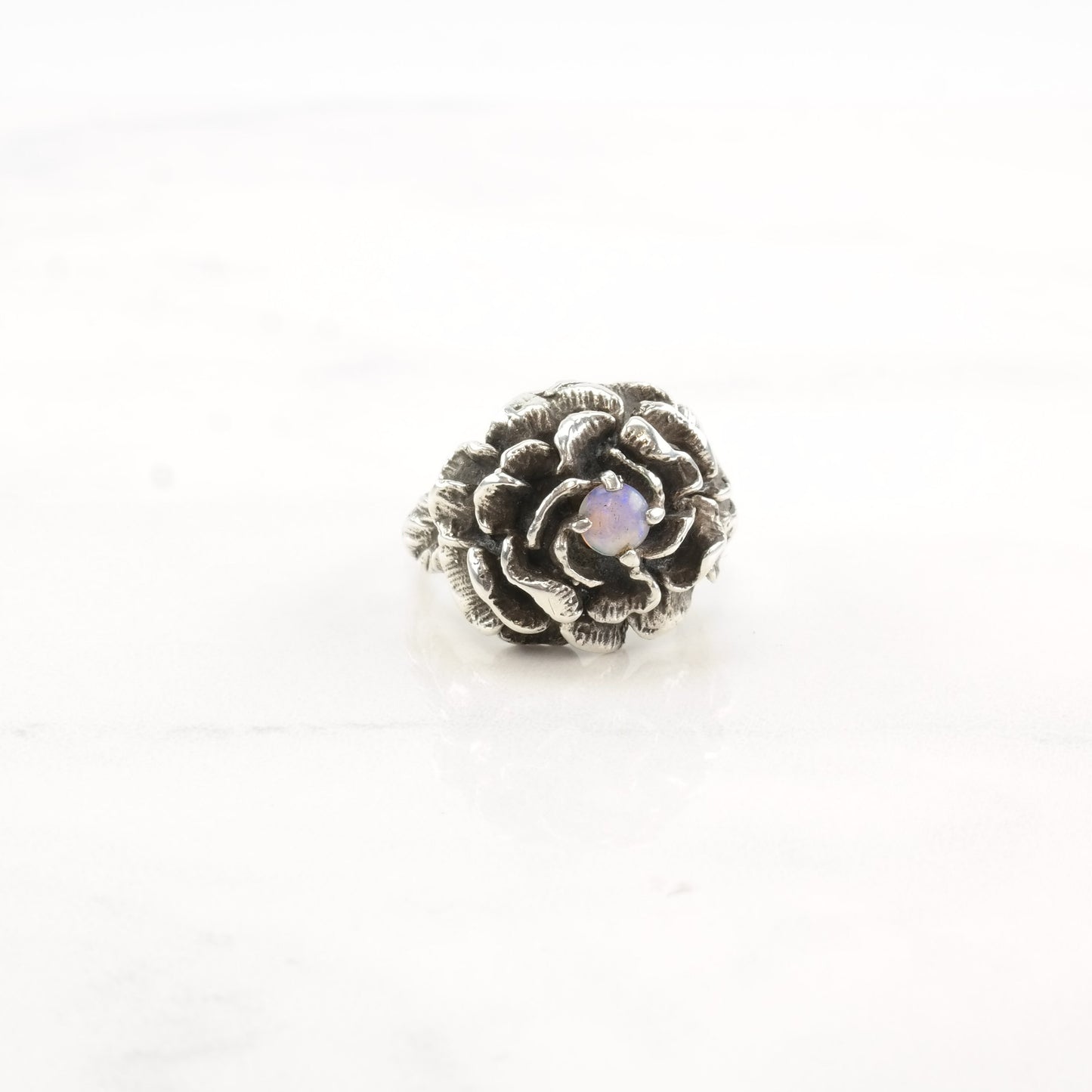 Vintage Brutalist Silver Ring Lab Opal Flower Sterling Size 5