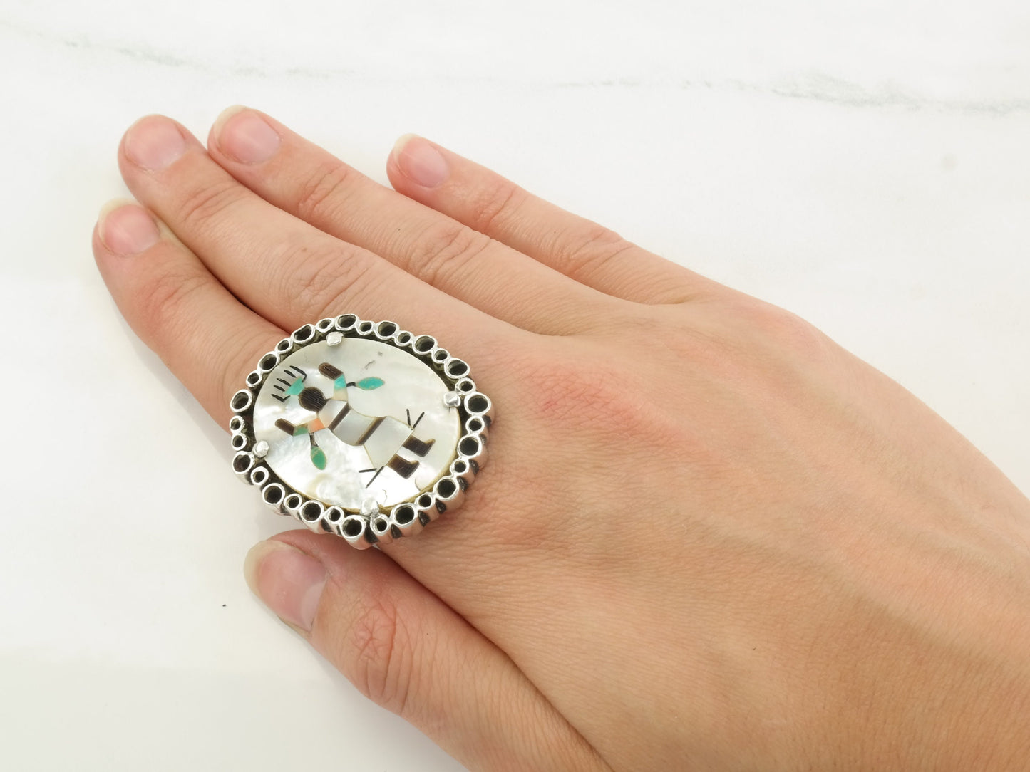 Vintage Sterling Silver Ring MOP Inlay Kachina, Dancer Size 7 3/4