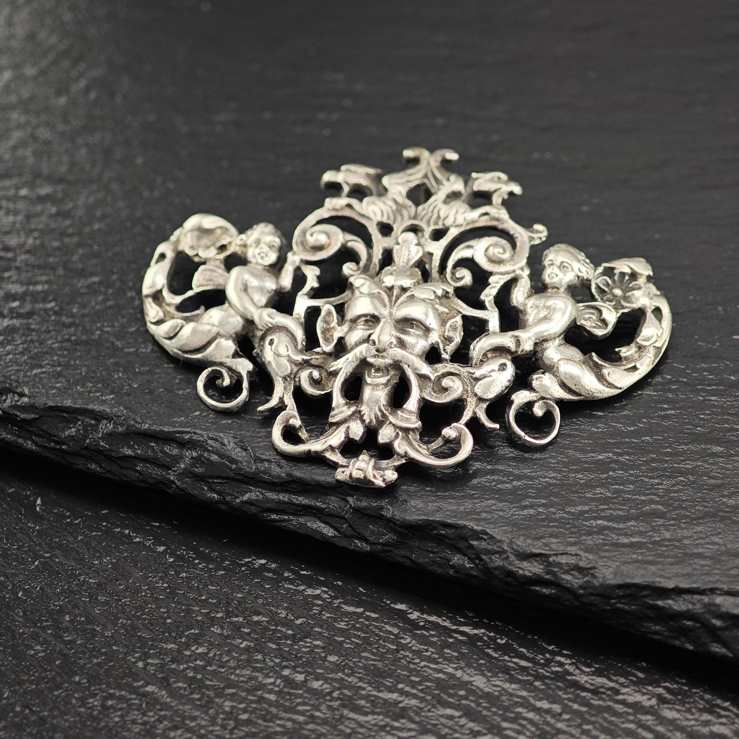 Horned God of Wine Pendant with Cherub Angels in Sterling Silver