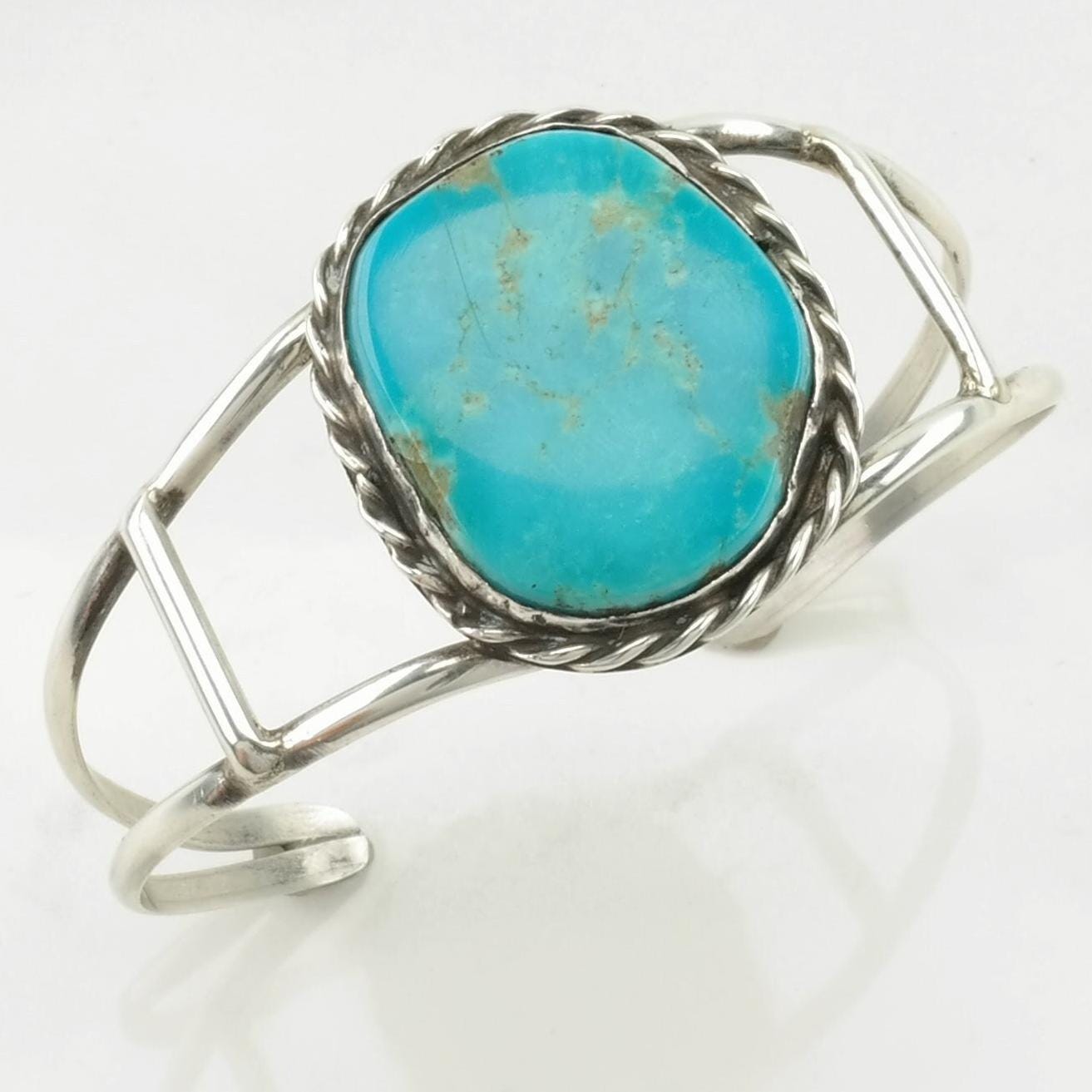 Southwest Sterling Silver Cuff Bracelet Blue Turquoise Rope Detail