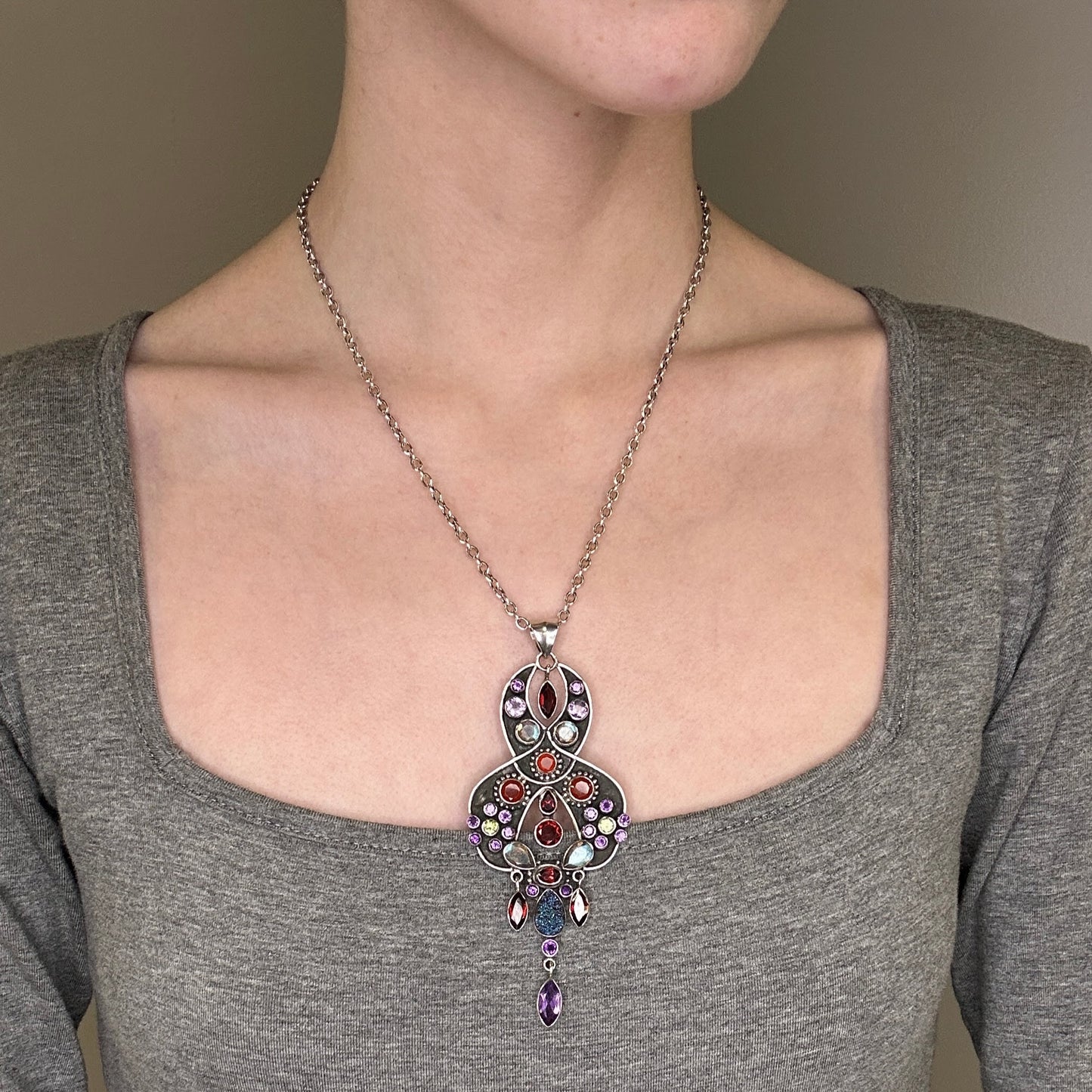 Vintage Nicky Butler Sterling Silver Garnet, Amethyst, Prasiolite, Labradorite Cluster Necklace