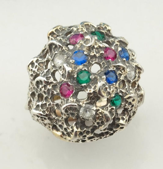 Vintage Dome Silver Ring Ruby, Topaz, Sapphire Sterling Size 7