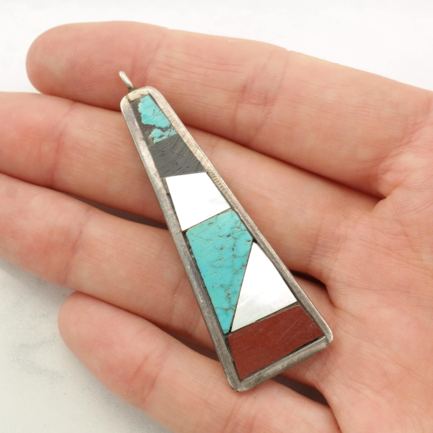 Vintage Native American MOP, Jet, Turquoise, Coral Inlay Sterling Silver Pendant