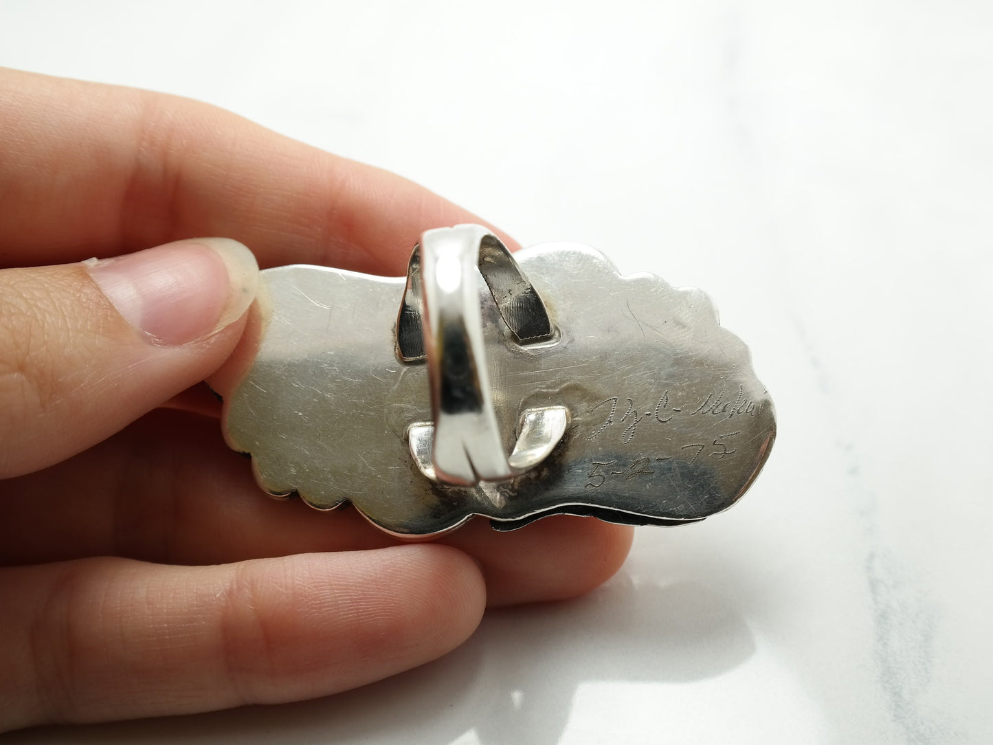 Vintage Navajo Ring Jet Turquoise Leaf Navette Sterling Silver Size 7 1/2