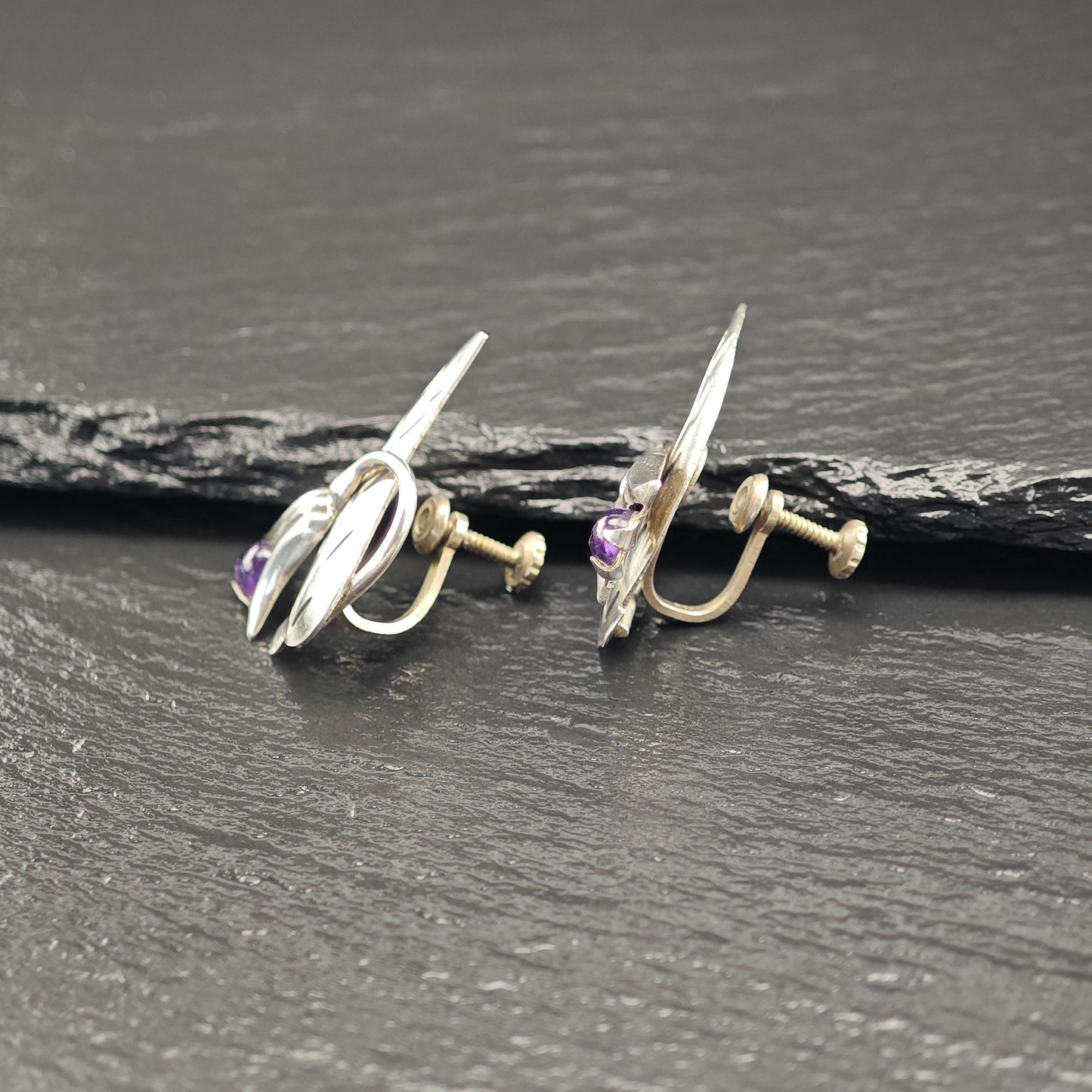 Taxco Amethyst Floral, Screw Back Earrings Sterling Silver