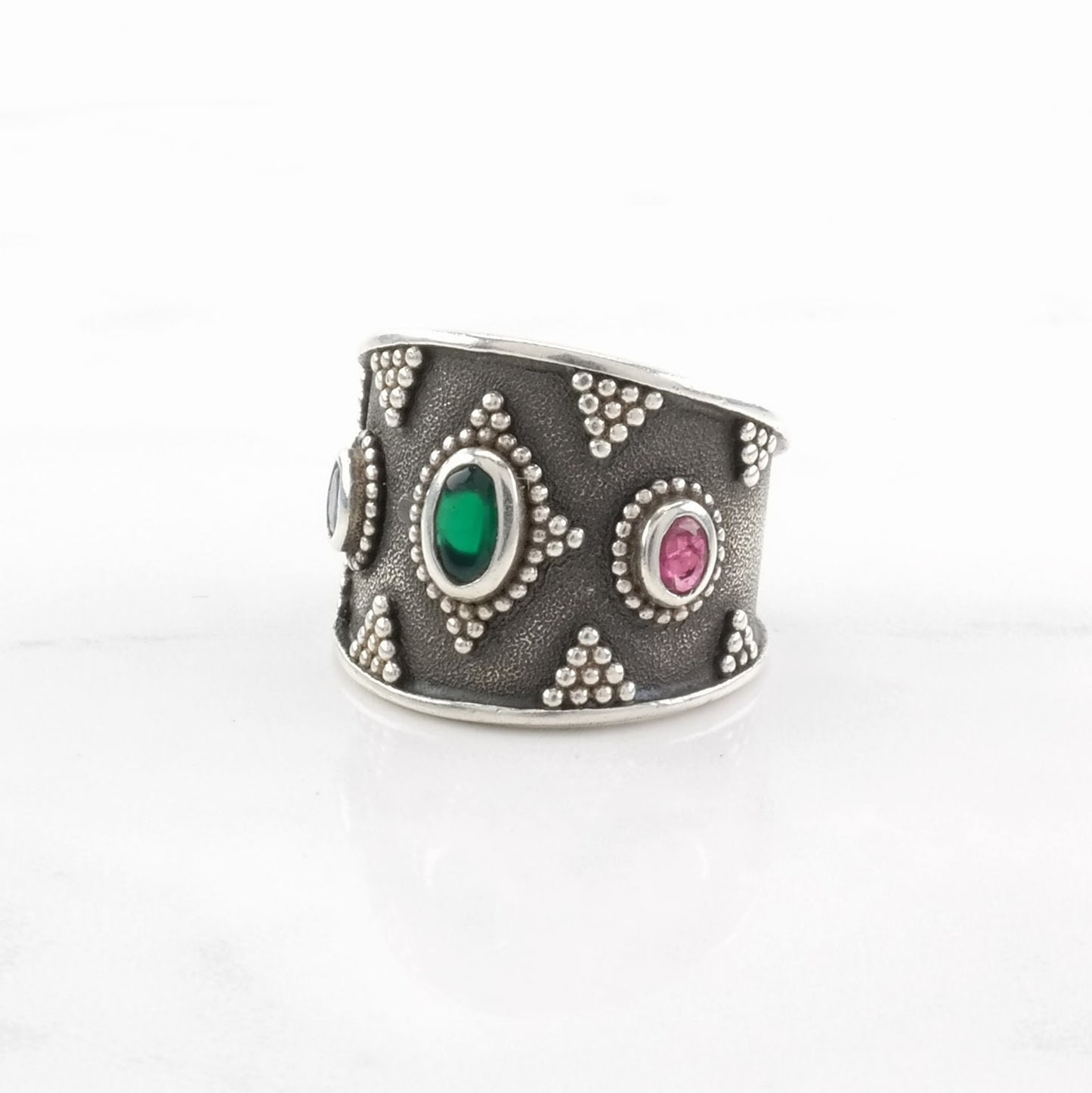 Vintage Sterling Silver Ring Sapphire, Ruby, Chrysoprase Cluster, Overlay Size 7 1/2