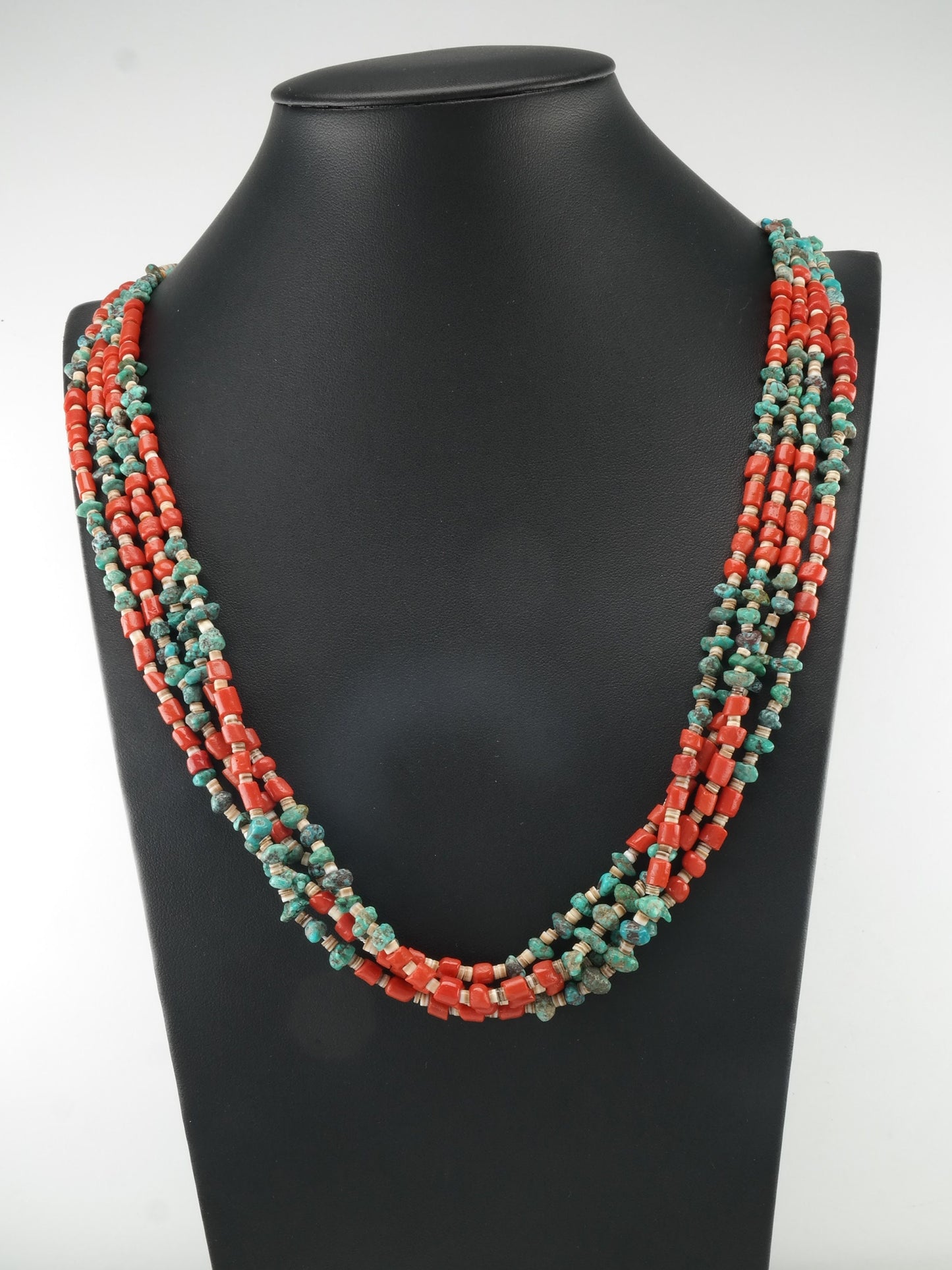 Native Coral, Turquoise, Shell, Four Layer Heishi Necklace N1625