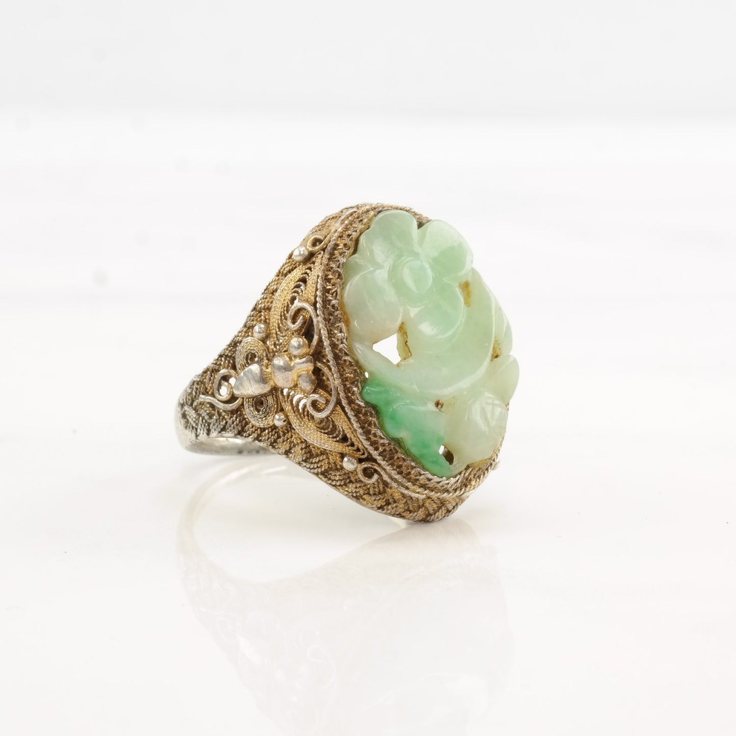 Vintage China Silver Ring Jadeite Carved Flower Gold Filled Filigree Sterling Size 7 3/4