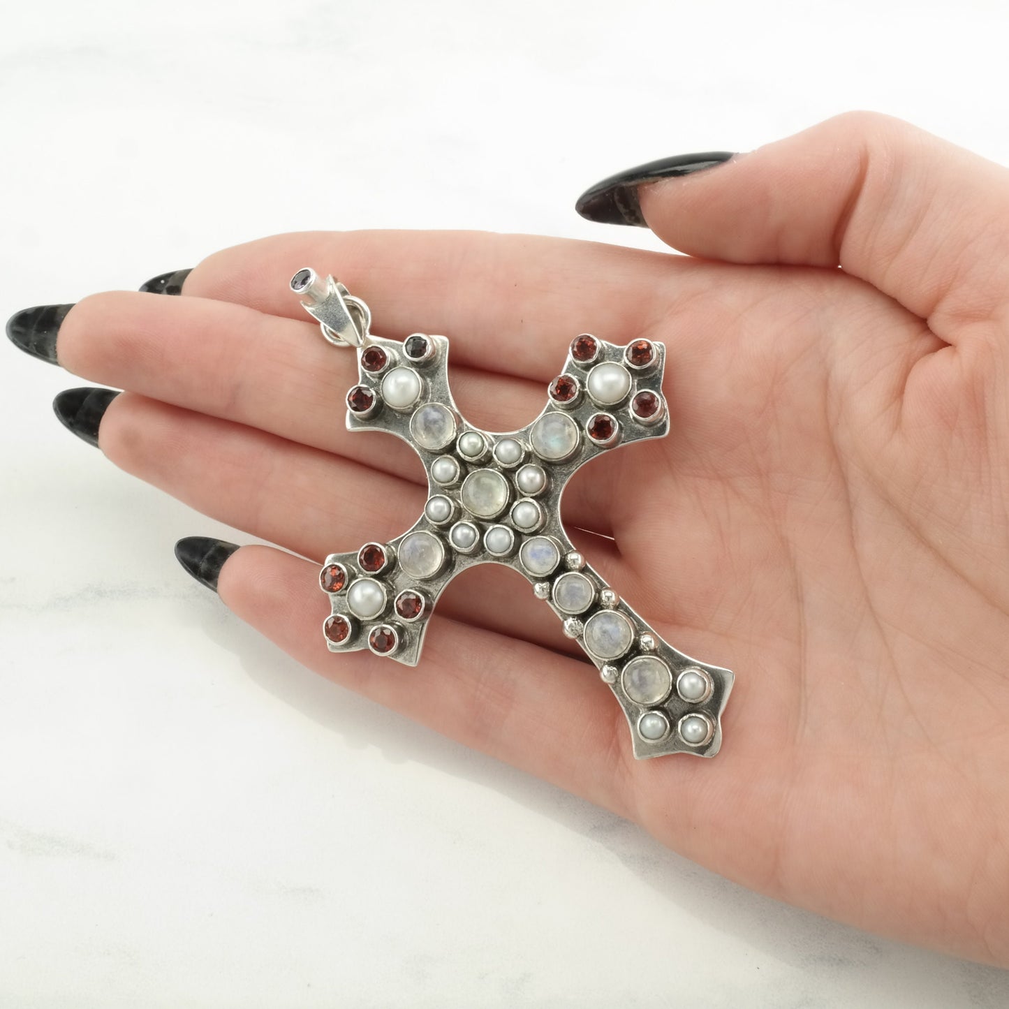 Vintage Nicky Butler Moonstone, Pearl, Garnet Cross Sterling Silver Pendant