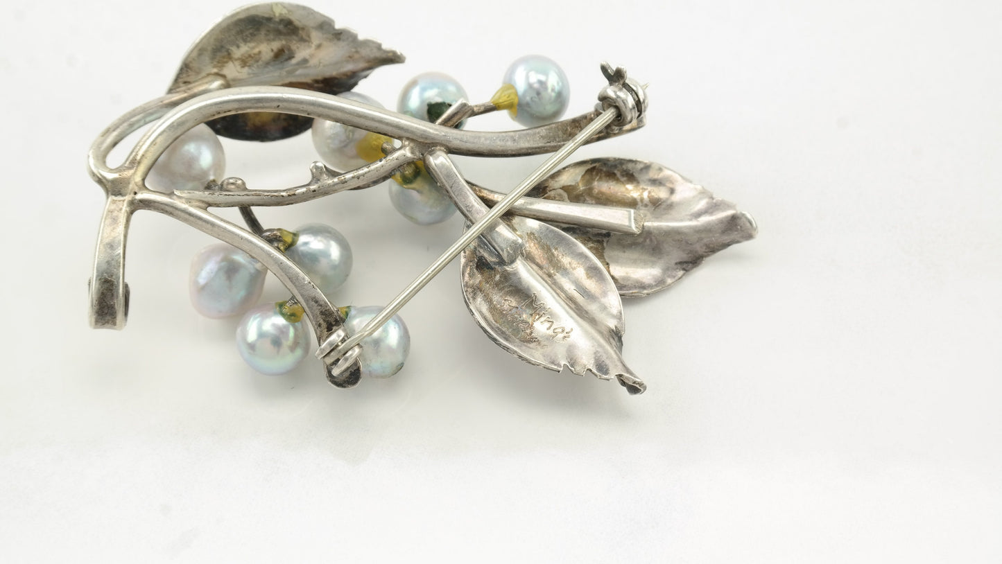 Ming's Pearl Sterling Silver Brooch Floral Leaf