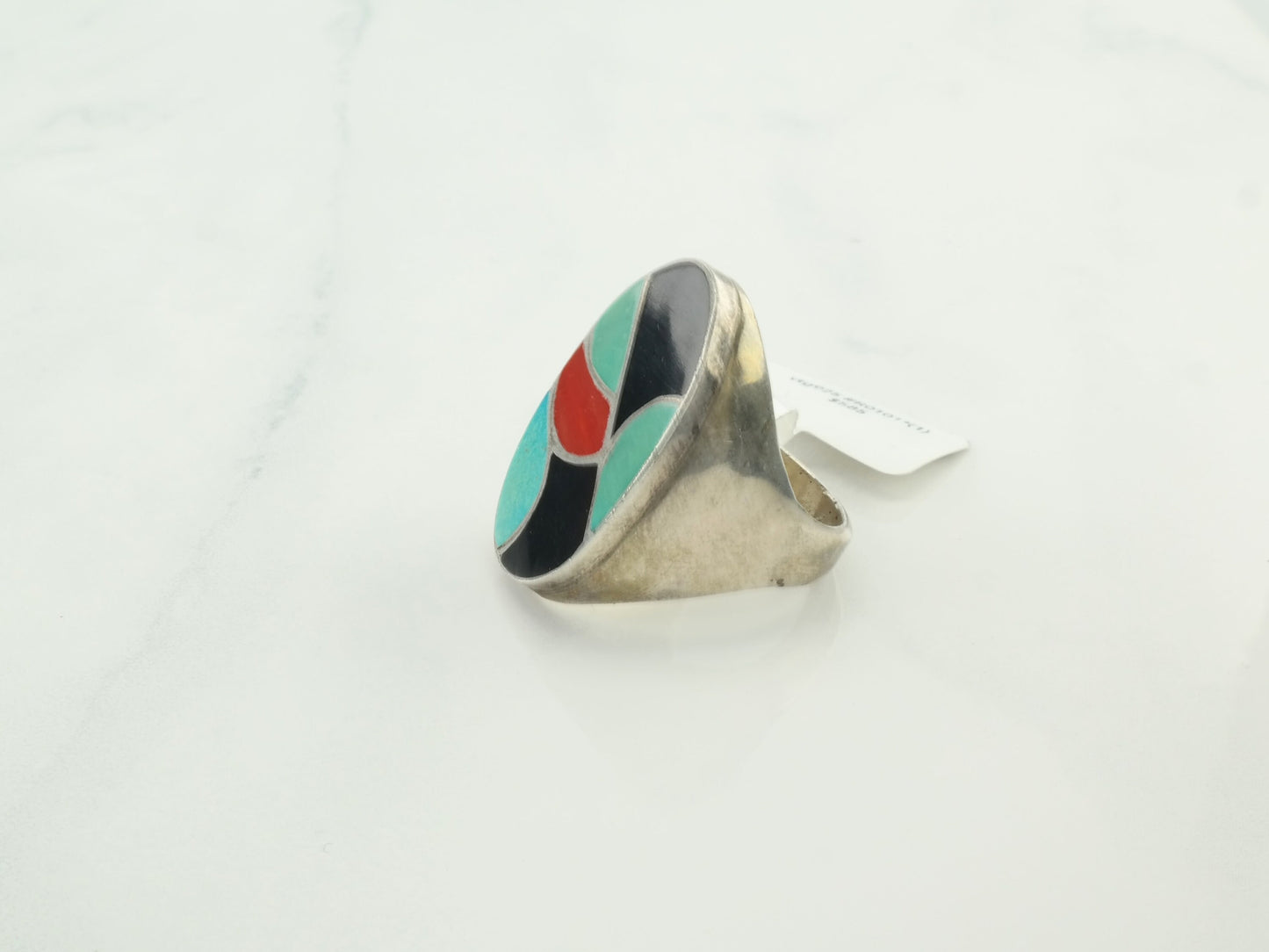 Vintage Native American Silver Ring Turquoise Coral Onyx Inlay Sterling Red Green Black Size 10 3/4