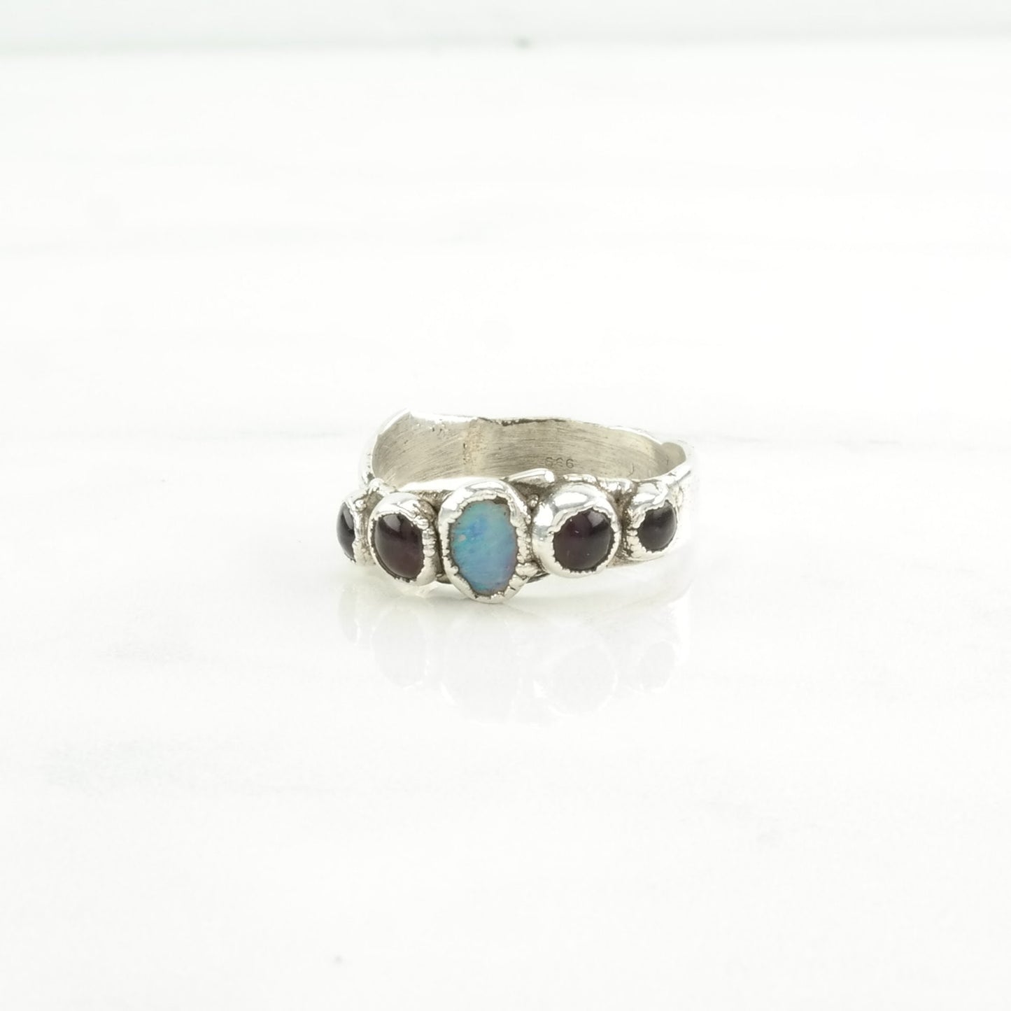 Vintage Sterling Silver Ring Opal, Garnet Size 8 3/4