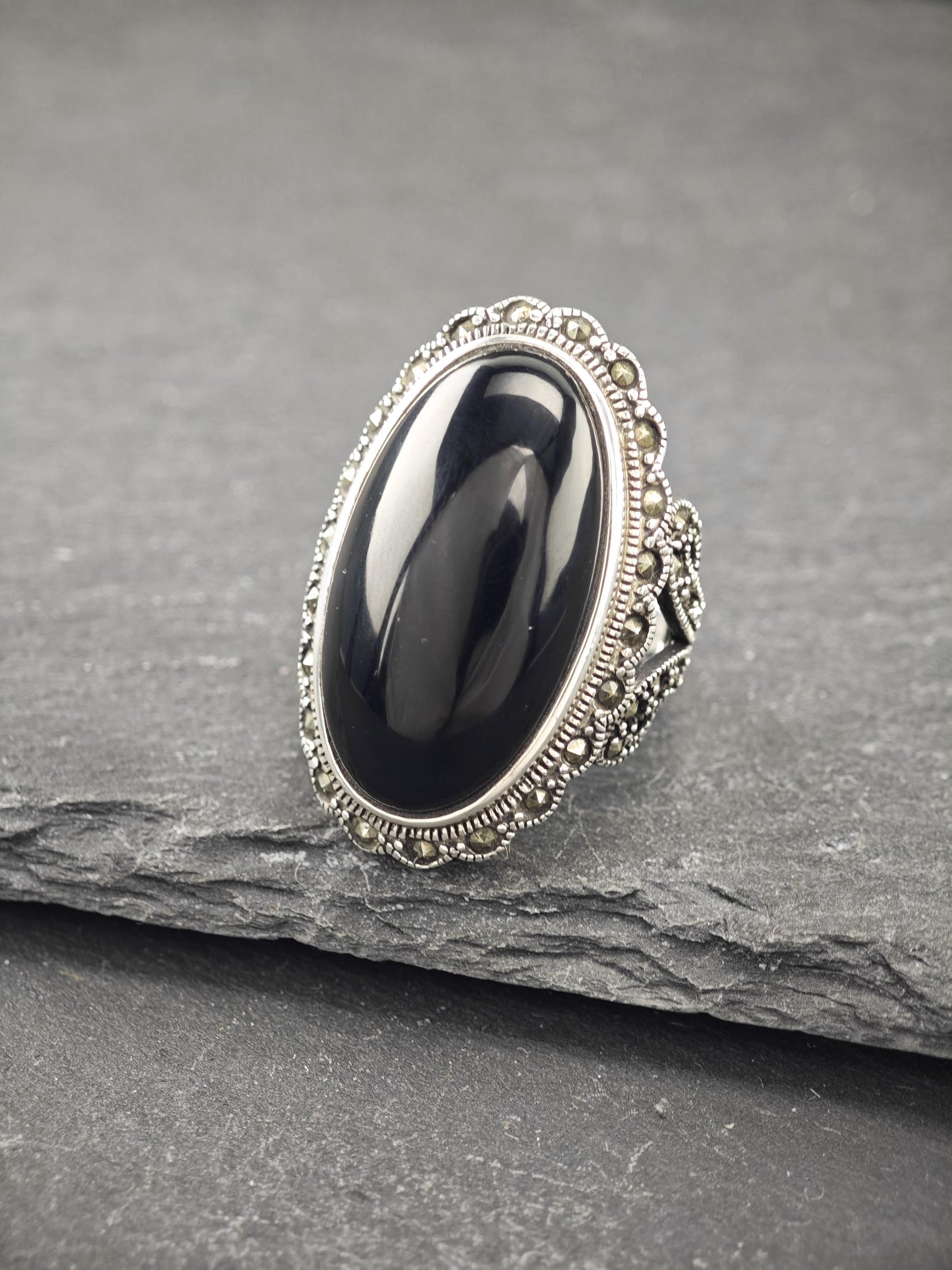 Vintage Black Onyx, Oval Ring Sterling Silver