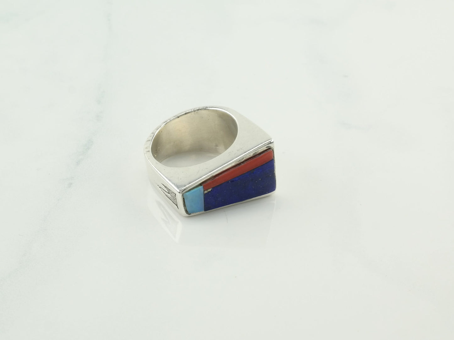 Vintage Native American Silver Ring Lapis Coral Opal Inlay Sterling Multicolor Size 8 1/4