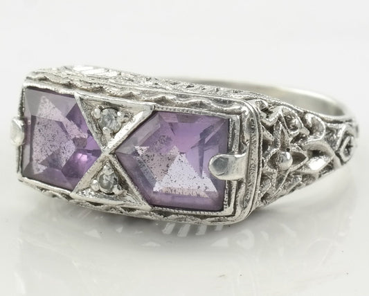 Vintage Sterling Silver Ring Double Amethyst, Gemstone, Floral, Filigree Size 6 3/4