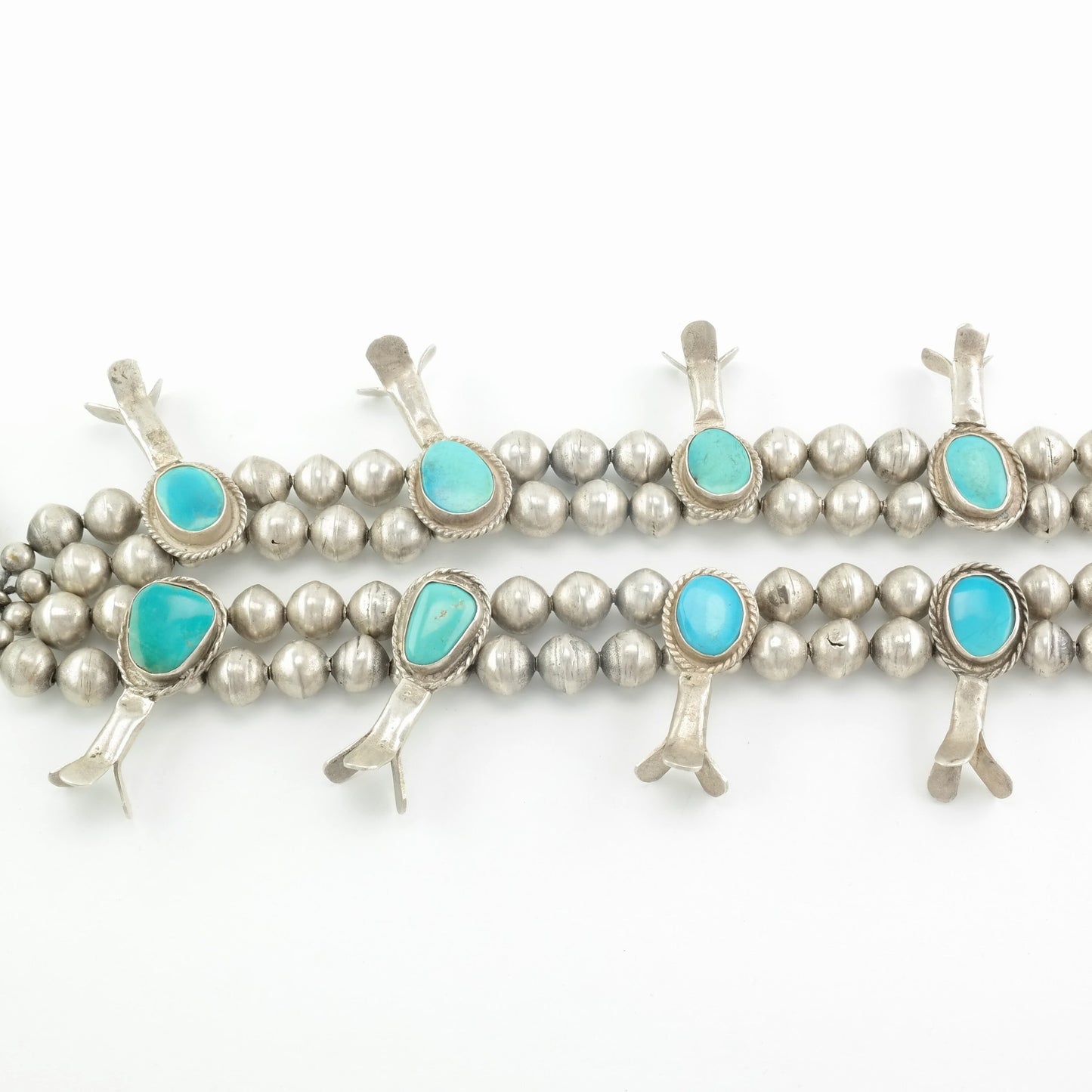 Antique Native American Sterling Silver Blue Turquoise Hand Made Beads Necklace Squash Blossom