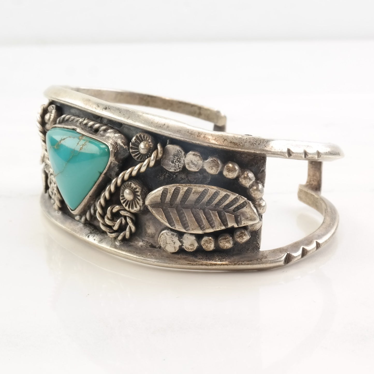 Native American Sterling Silver Turquoise Leaf Triangle Cuff Bracelet