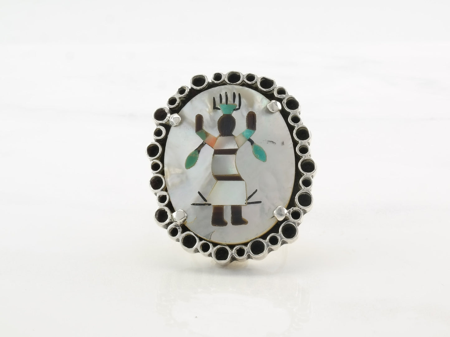 Vintage Sterling Silver Ring MOP Inlay Kachina, Dancer Size 7 3/4
