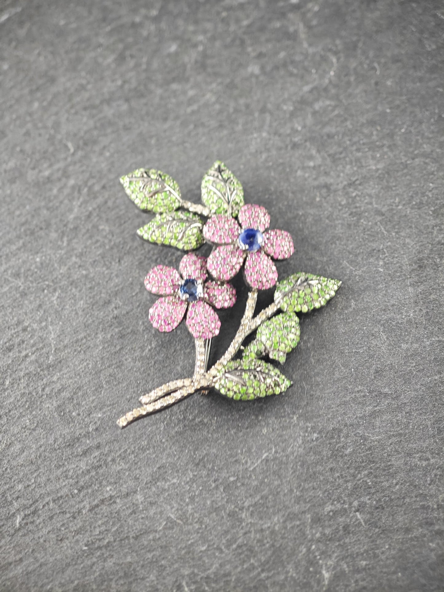 Diamond Flowers Sterling Silver Brooch Pendant