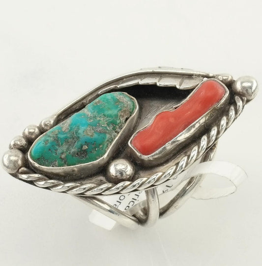 Vintage Native American Silver Ring Turquoise Coral Sterling Green Red Size 7