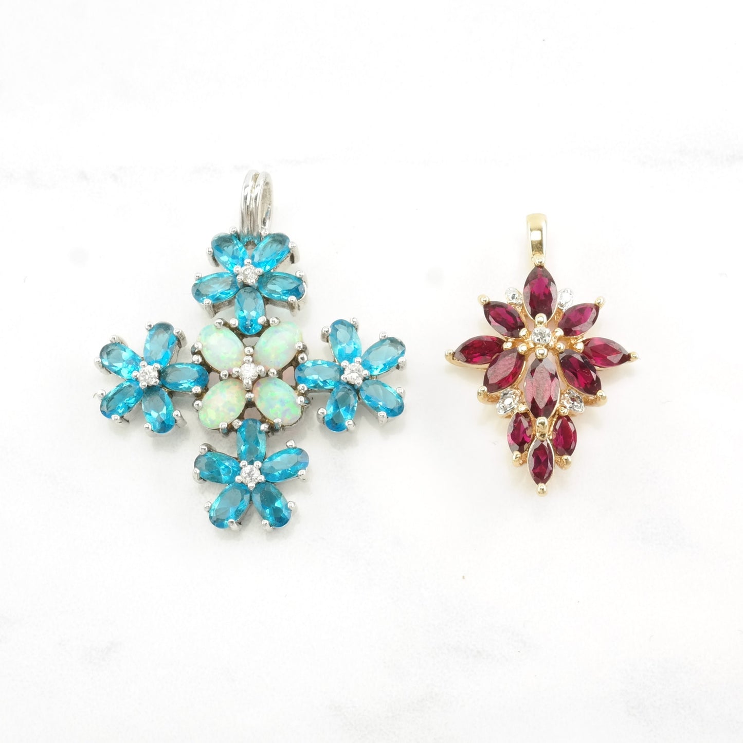 Vintage Lab Opal, Topaz, Diamond, Lab Ruby Floral, Cross Sterling Silver Pendant