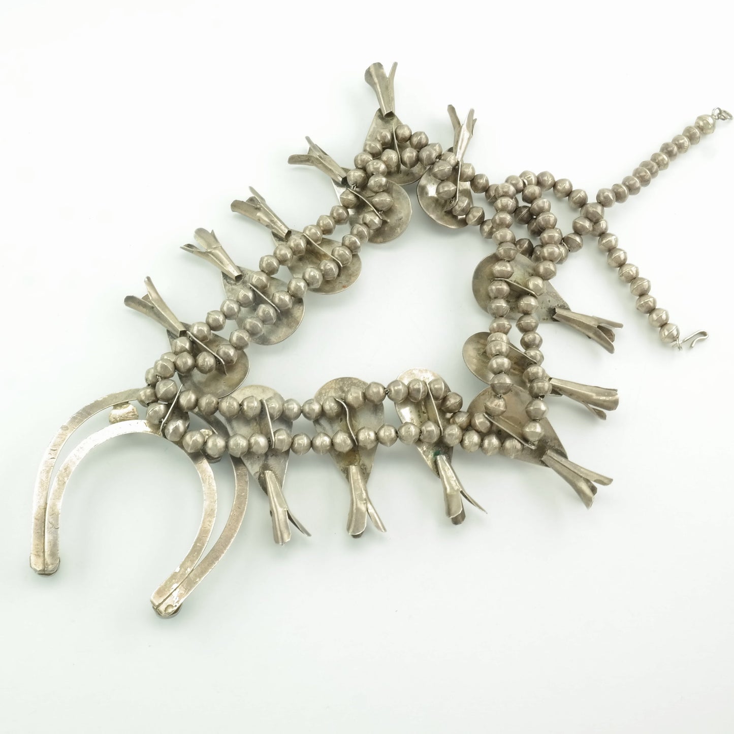 Vintage Native American Sterling Silver Turquoise Shadowbox, Stamped Necklace Squash Blossom