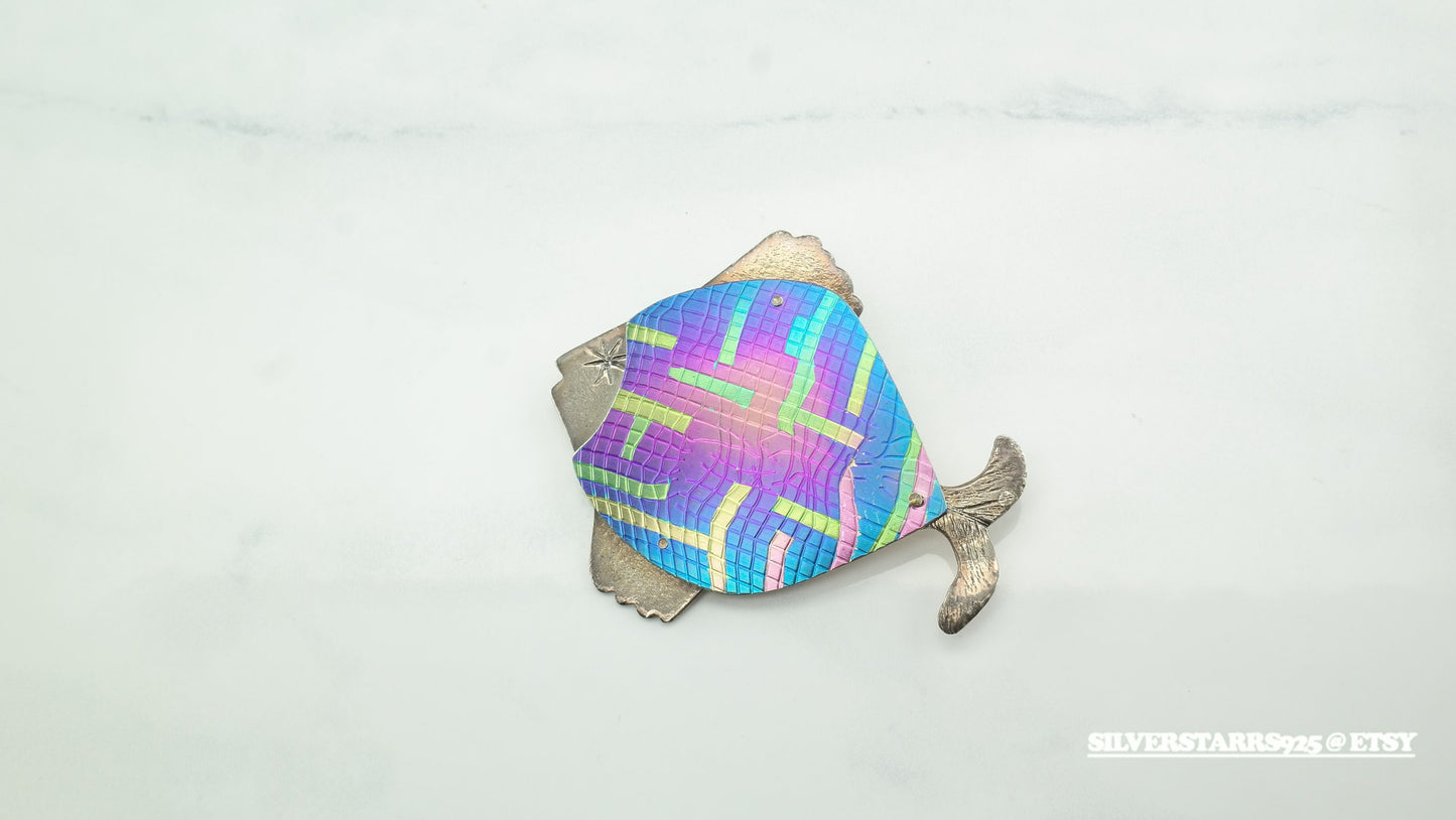 Vintage Studio Art Brooch, Sterling Silver & Anodized Metal, Fish Design, Signed, Whimsical Jewelry